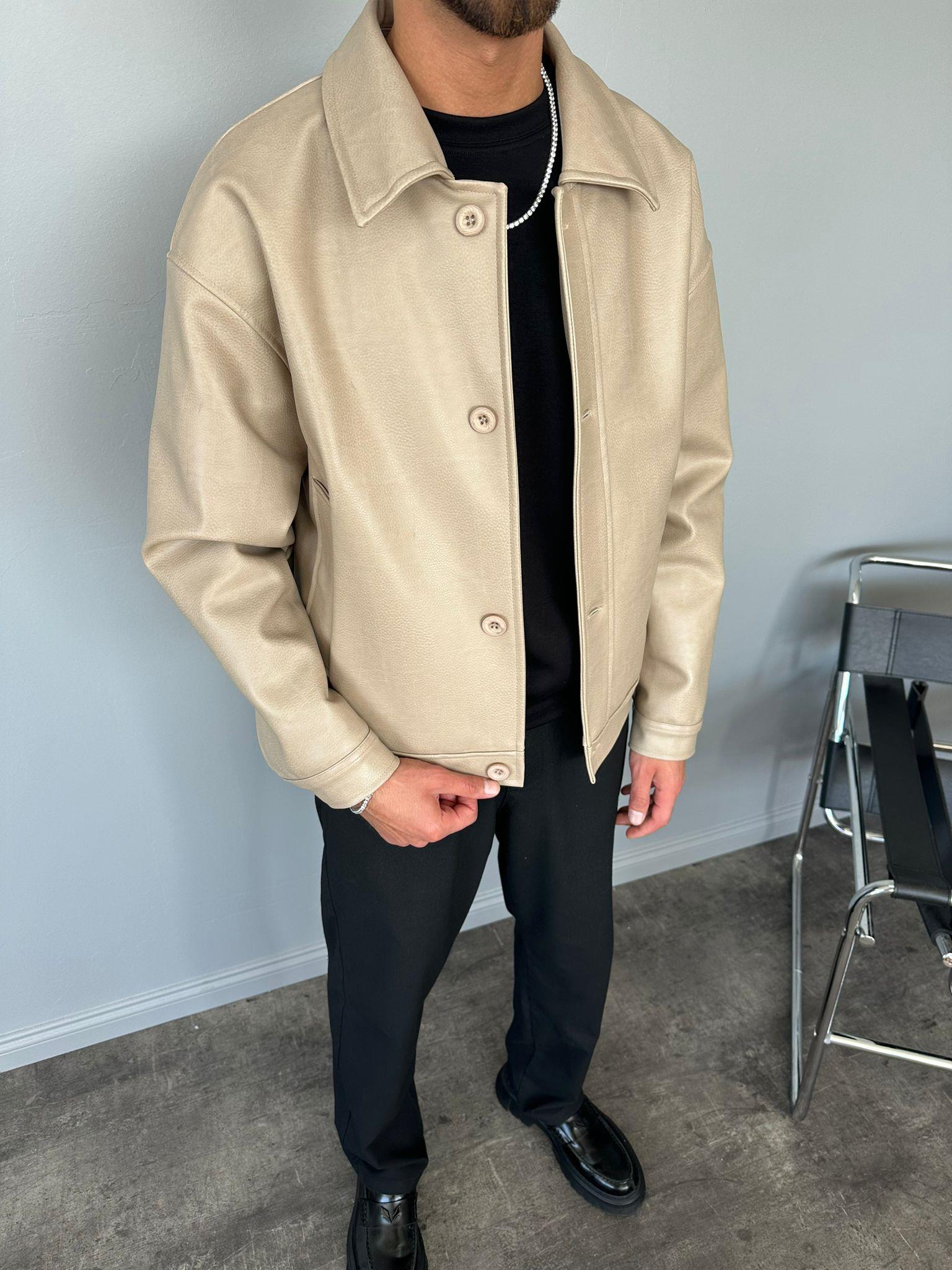 Bej Oversize Deri Ceket