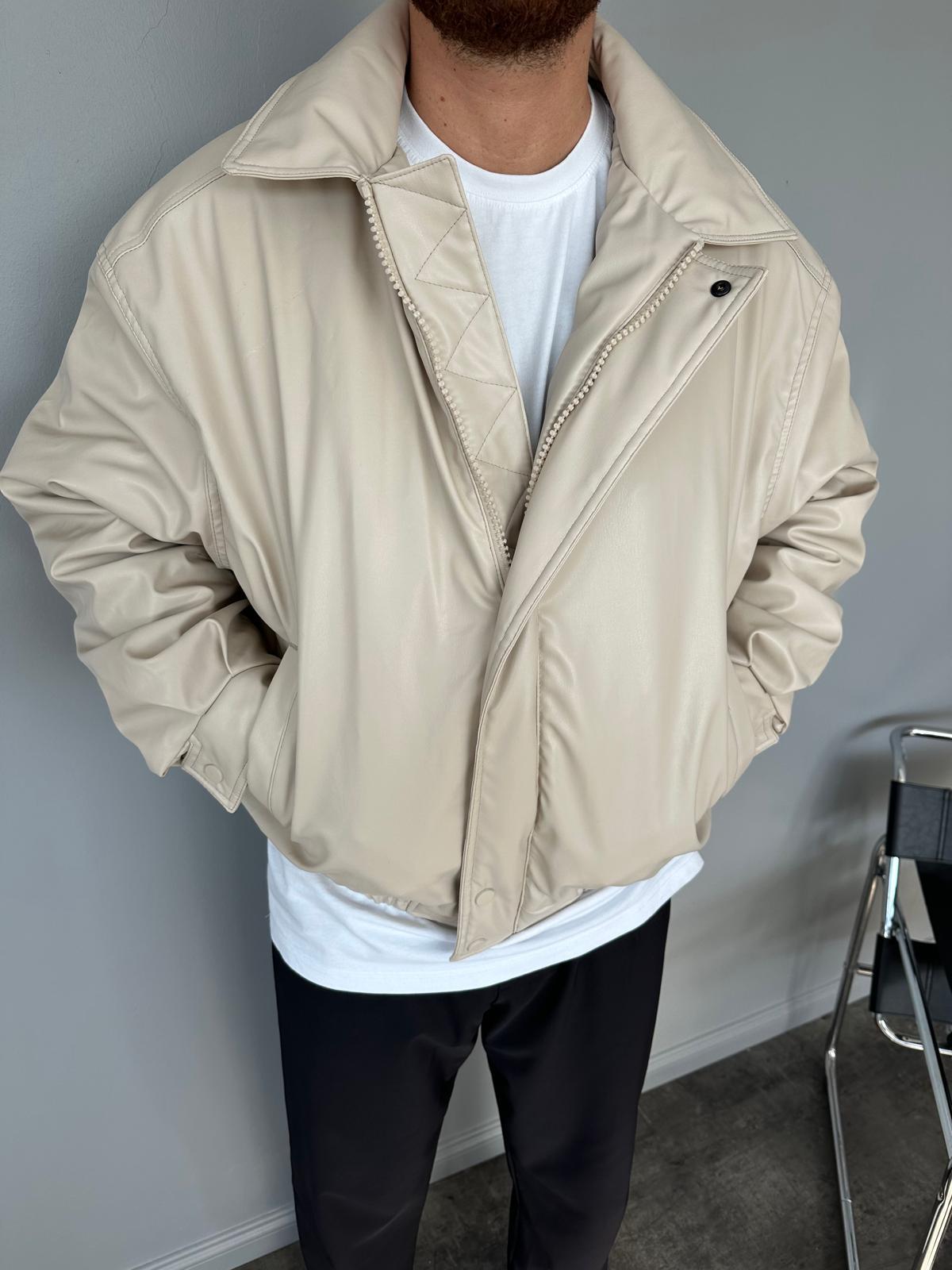 Bej Oversize Şişme Deri Mont