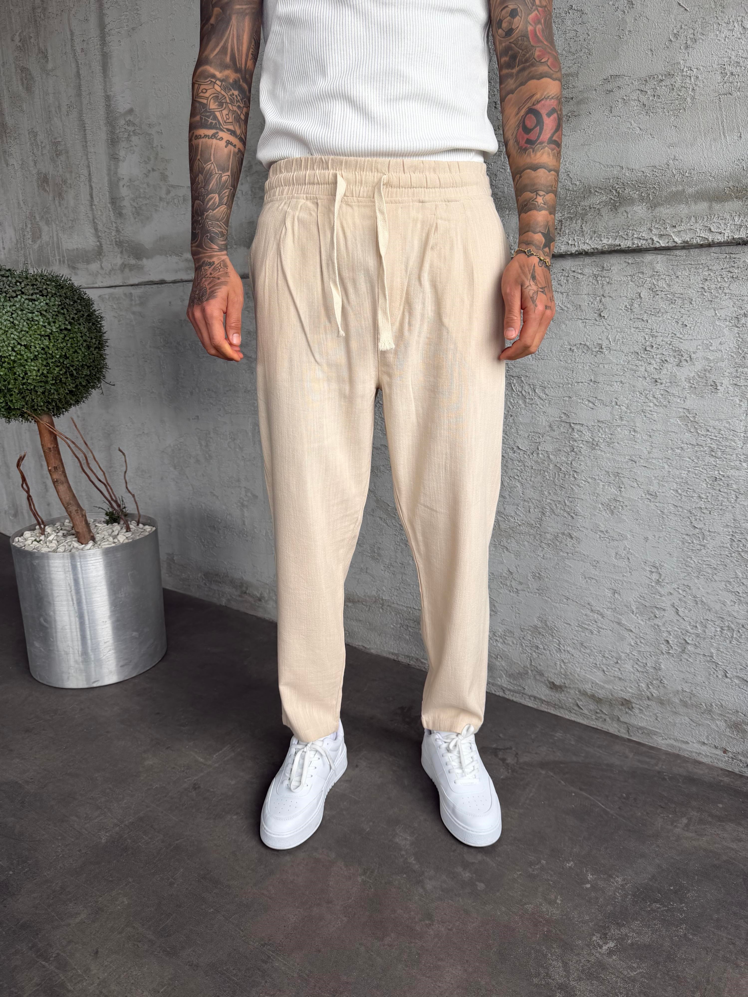 Bej Pileli Boyfriend Keten Pantolon