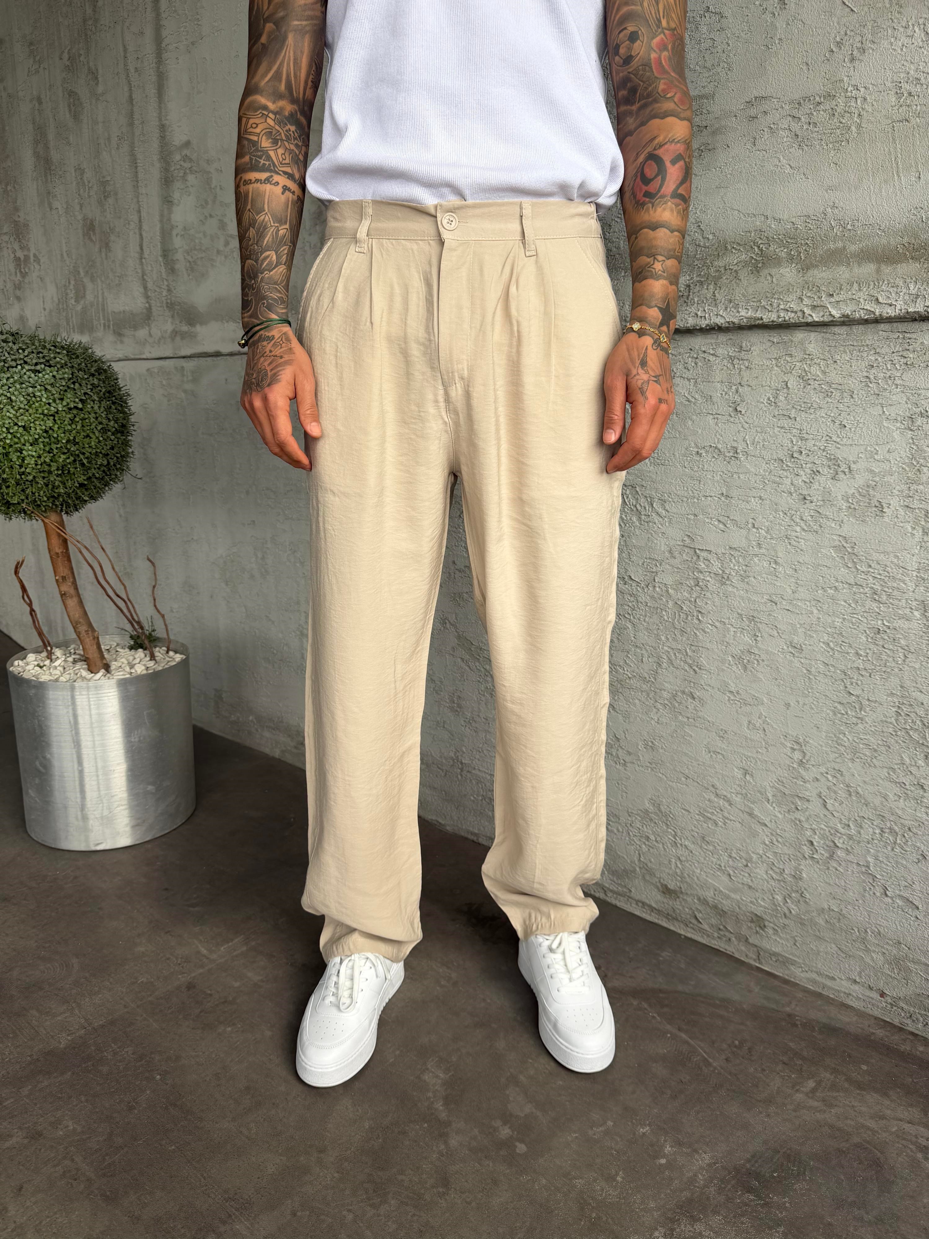 Bej Pileli Modal Kumaş Baggy Pantolon