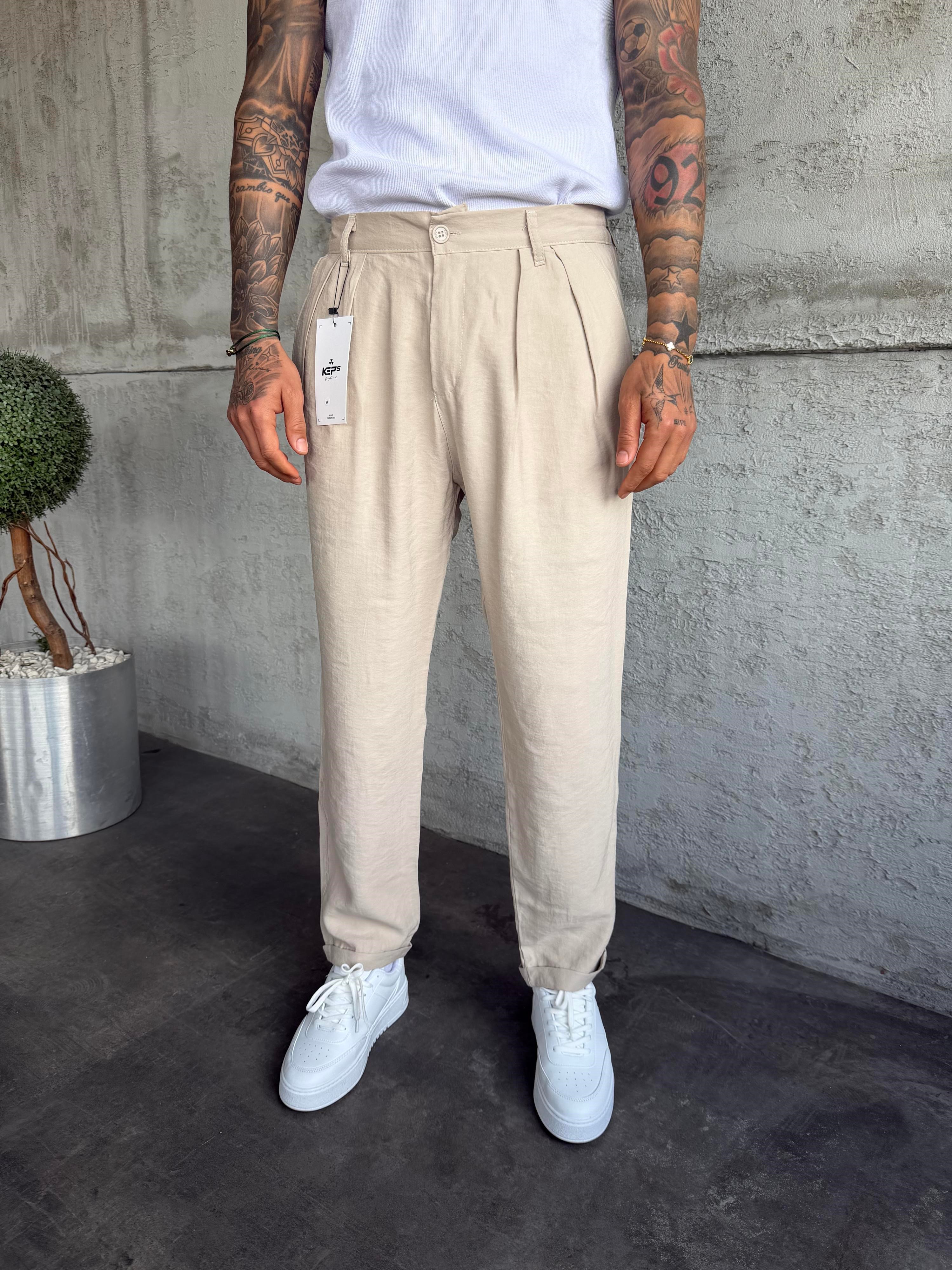 Bej Pileli Modal Kumaş Boyfriend Pantolon