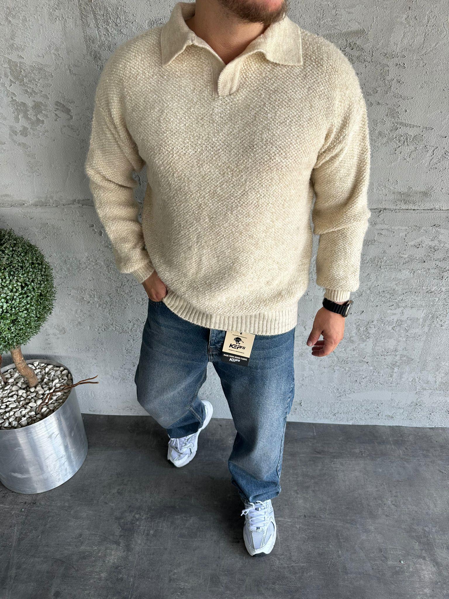 Bej Polo Yaka Dokulu Kazak