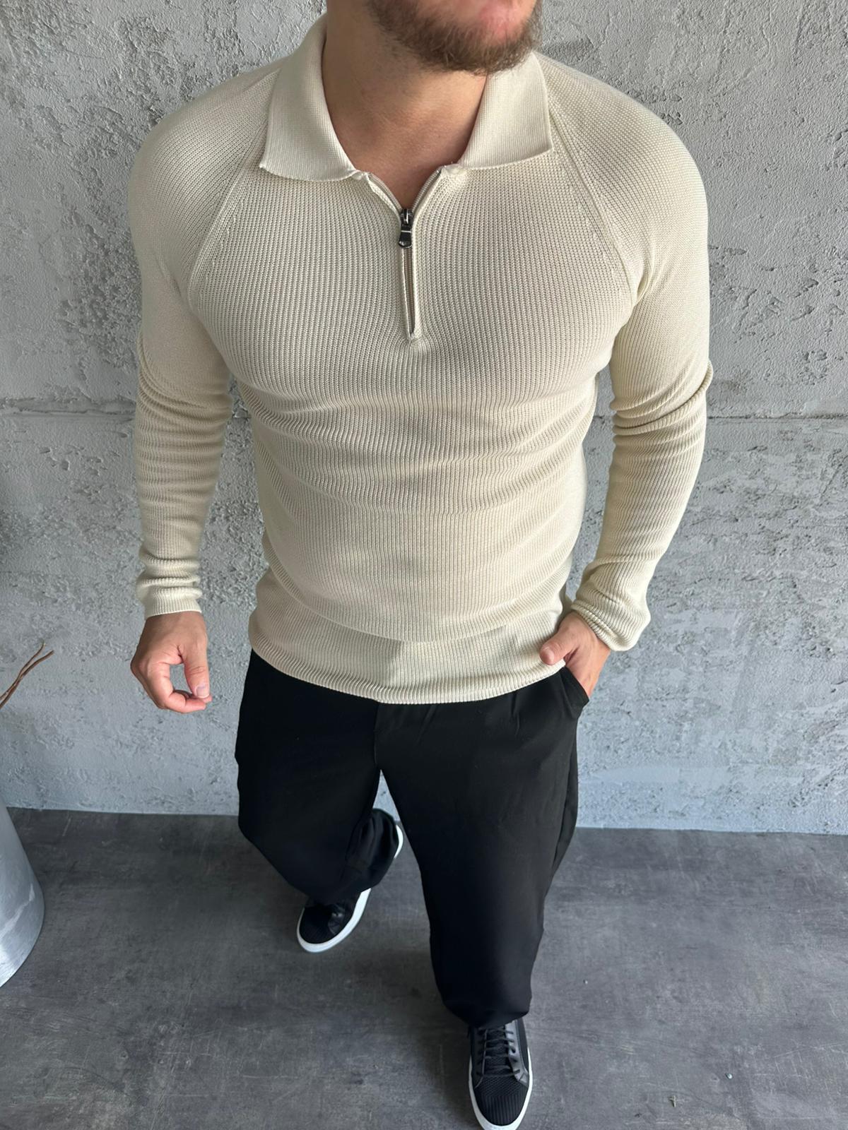 Bej Polo Yaka Fermuarlı Slimfit Triko Kazak