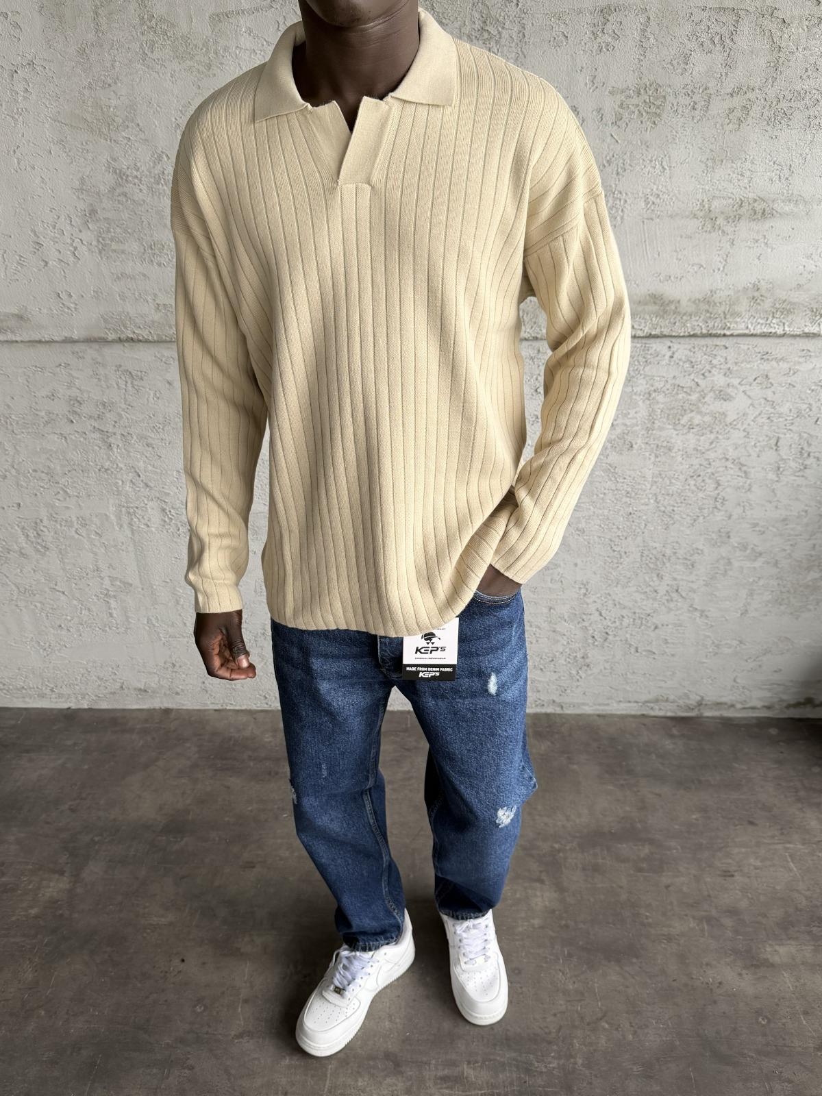 Bej Polo Yaka Fitilli Triko Kazak