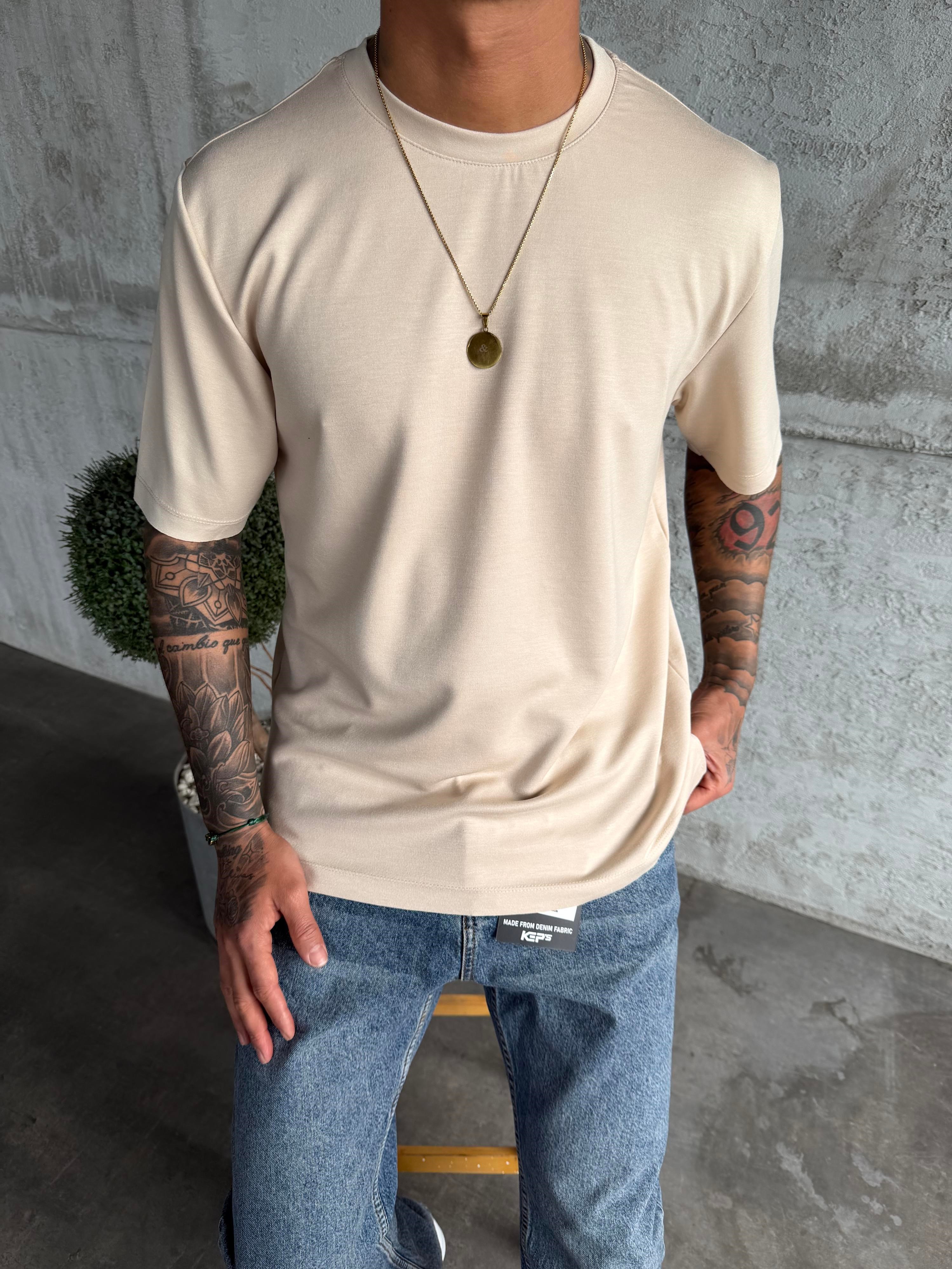 Bej Premium Kumaş Basic T-Shirt