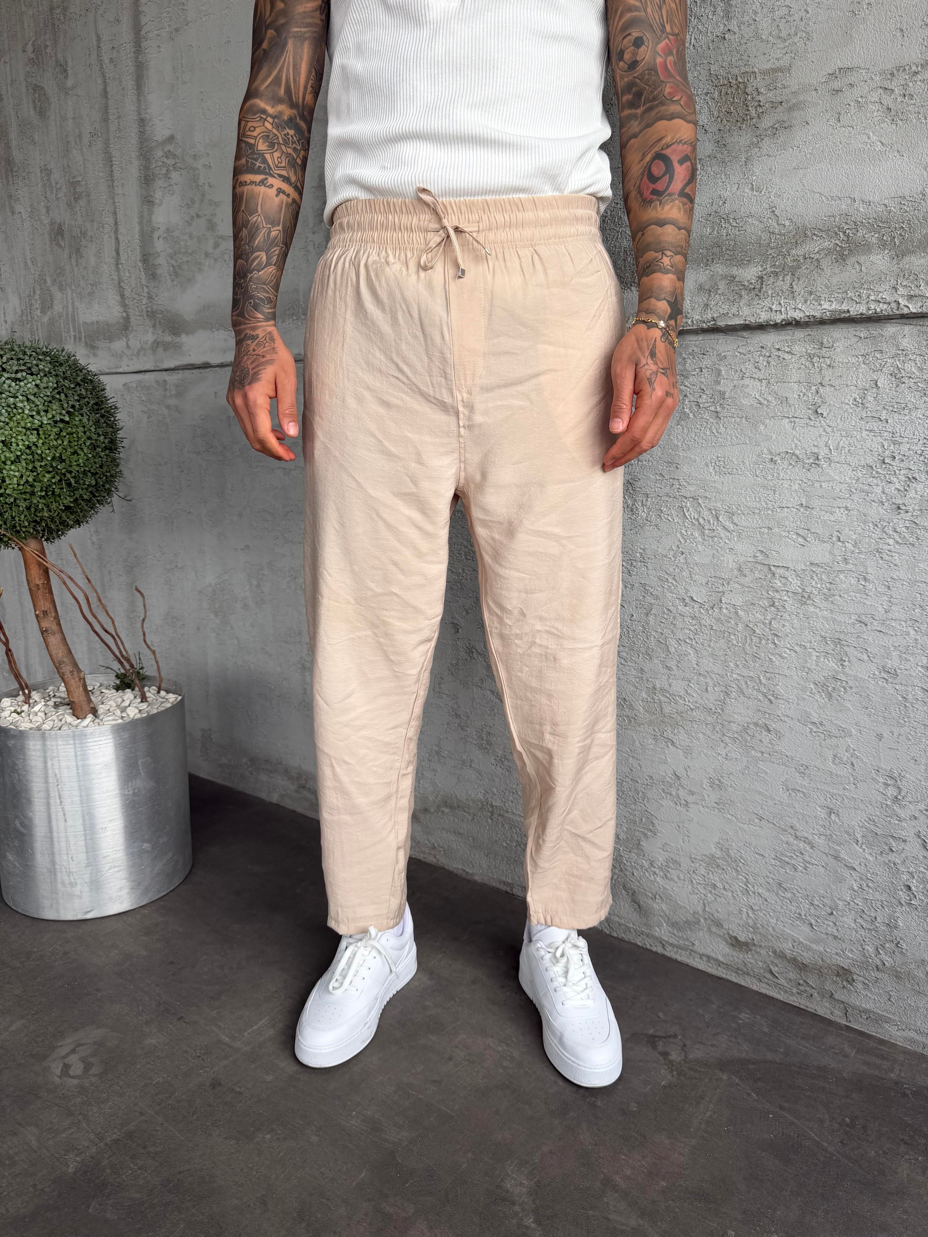Bej Tensel Kumaş Boyfriend Pantolon