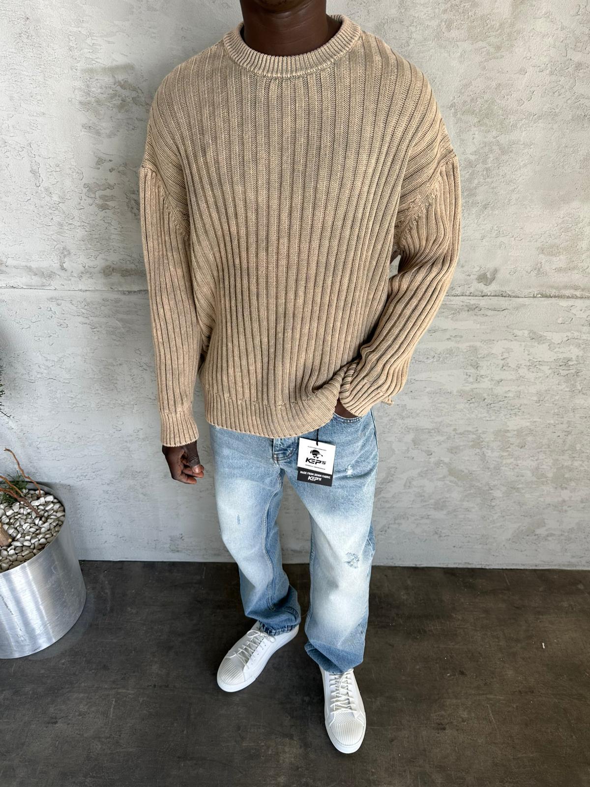 Bej Yıkamalı Örme Triko Kazak