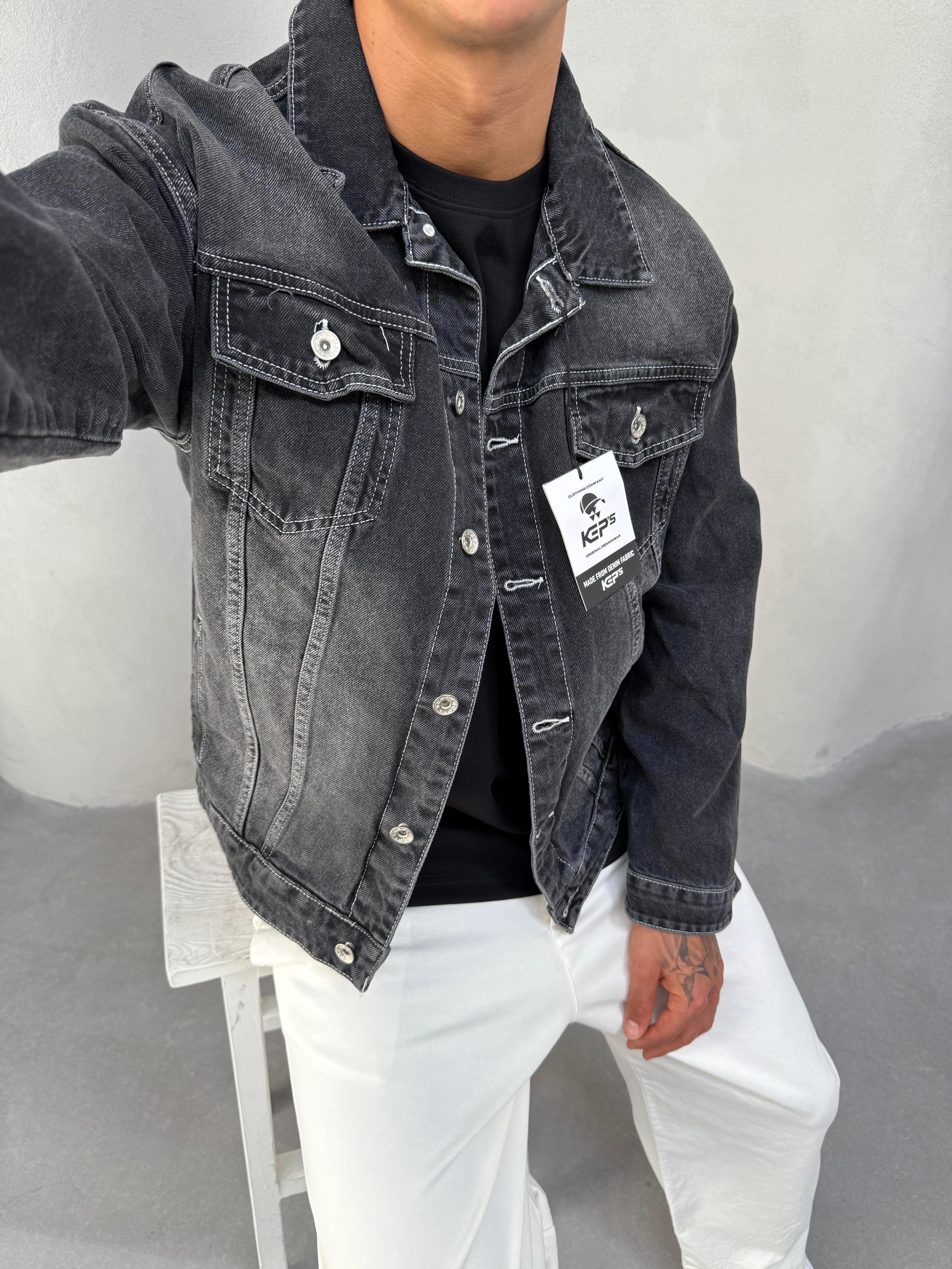 Beyaz Dikişli Füme Kot Ceket