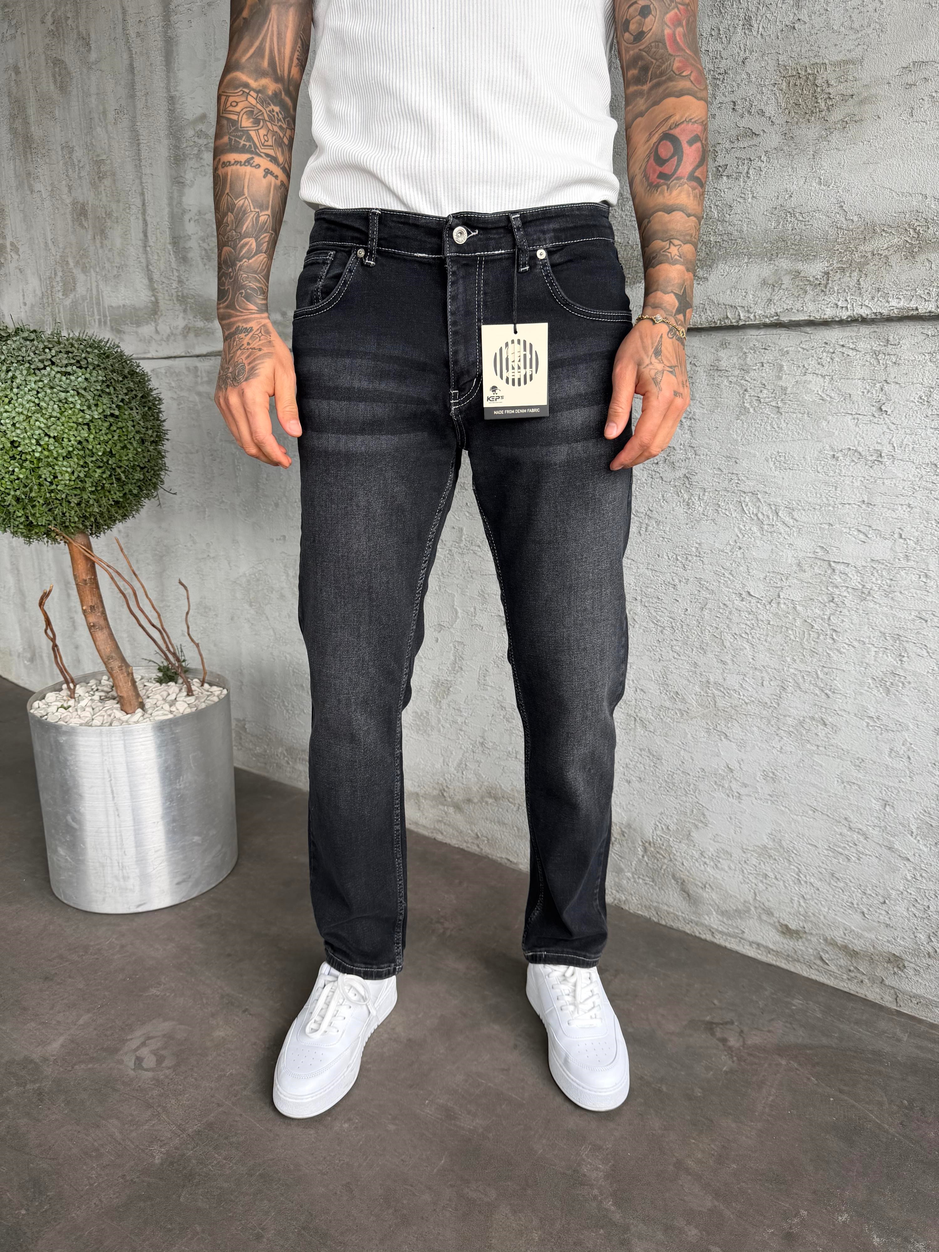 Beyaz Dikişli Füme Taşlamalı Likralı Regular Fit Jean