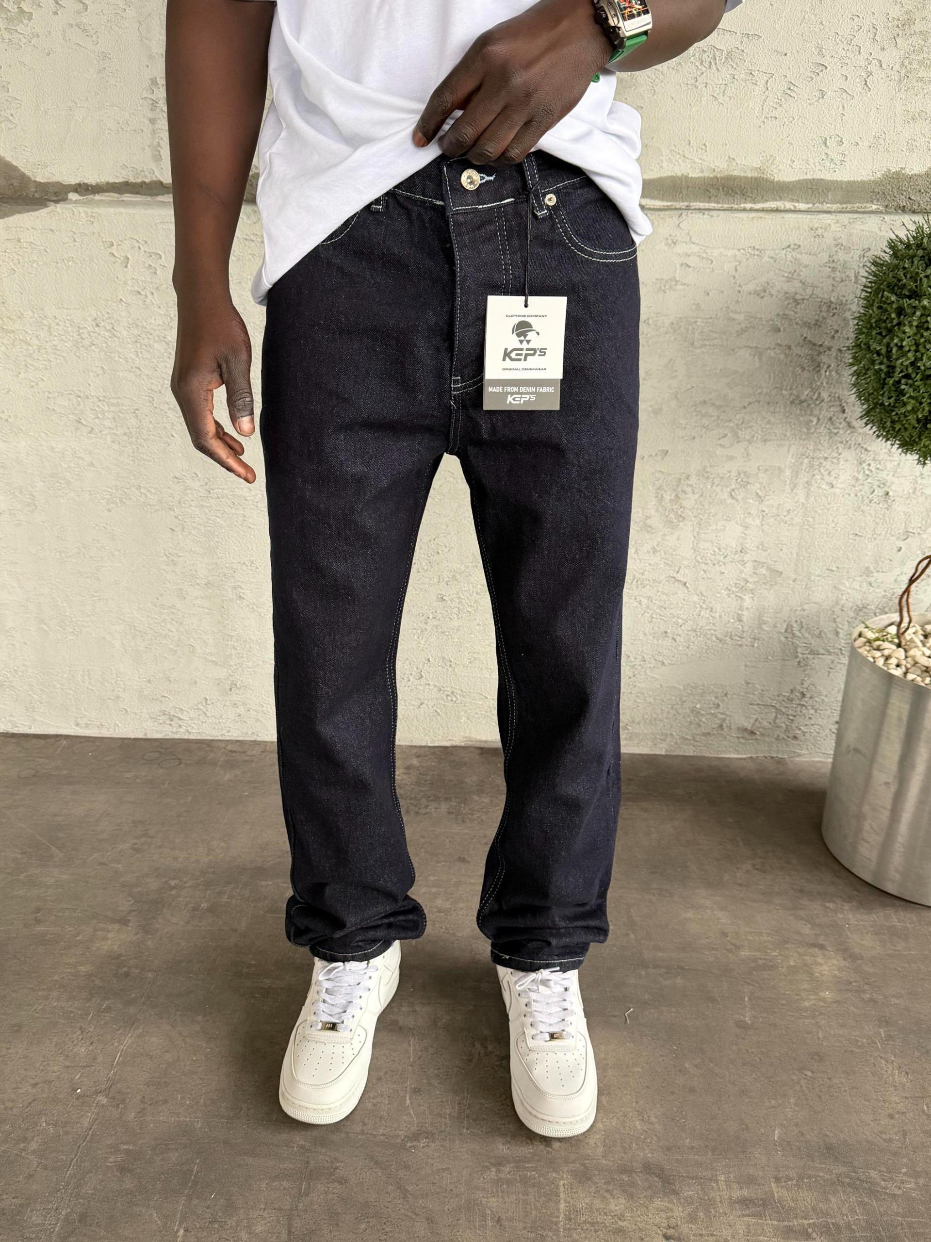 Beyaz Dikişli Koyu Lacivert Baggy Jean