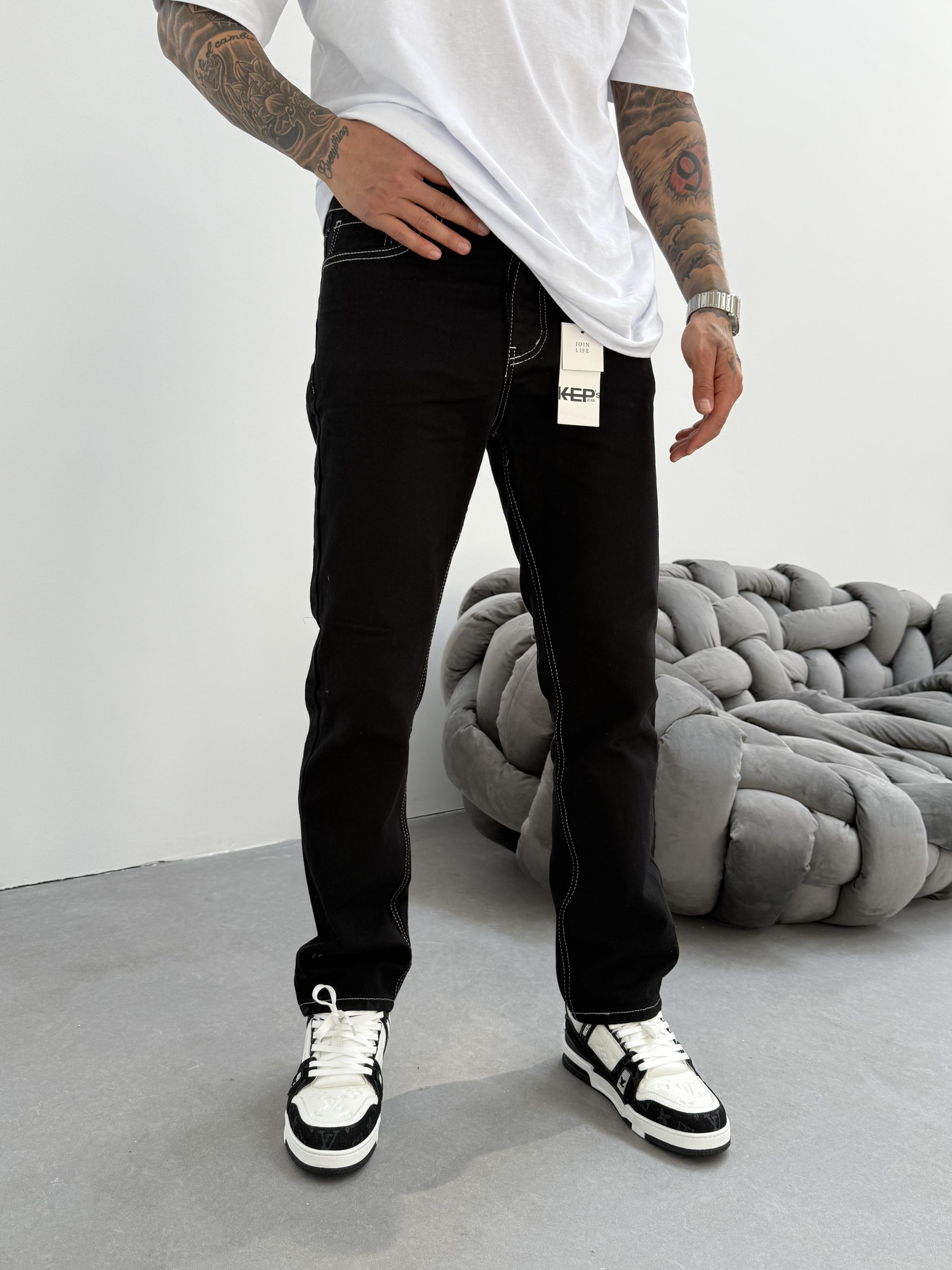 Beyaz Dikişli Siyah Baggy Jean