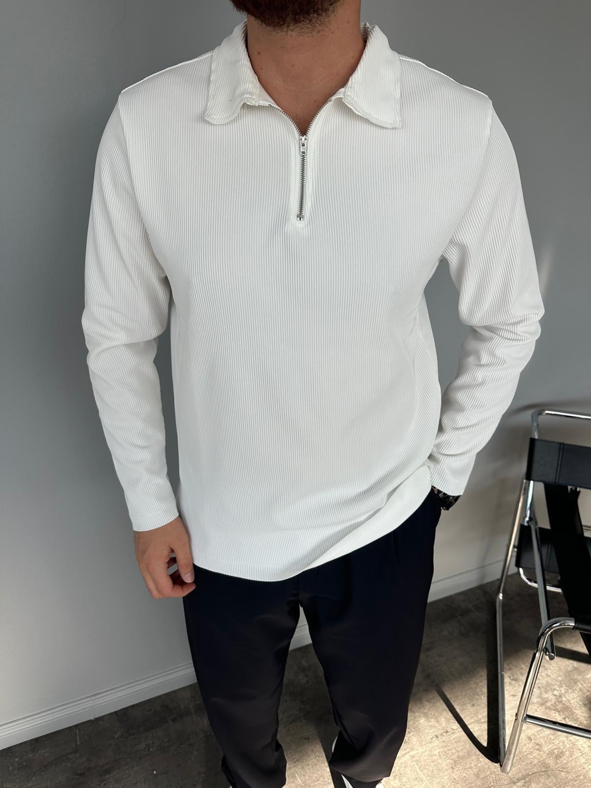 Beyaz Fitilli Polo Yaka Sweatshirt