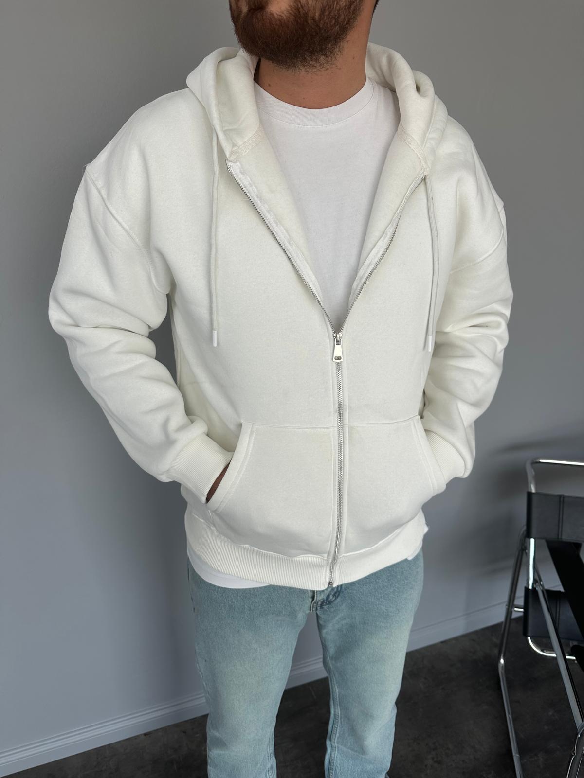 Beyaz Kapüşonlu Fermuarlı Sweatshirt