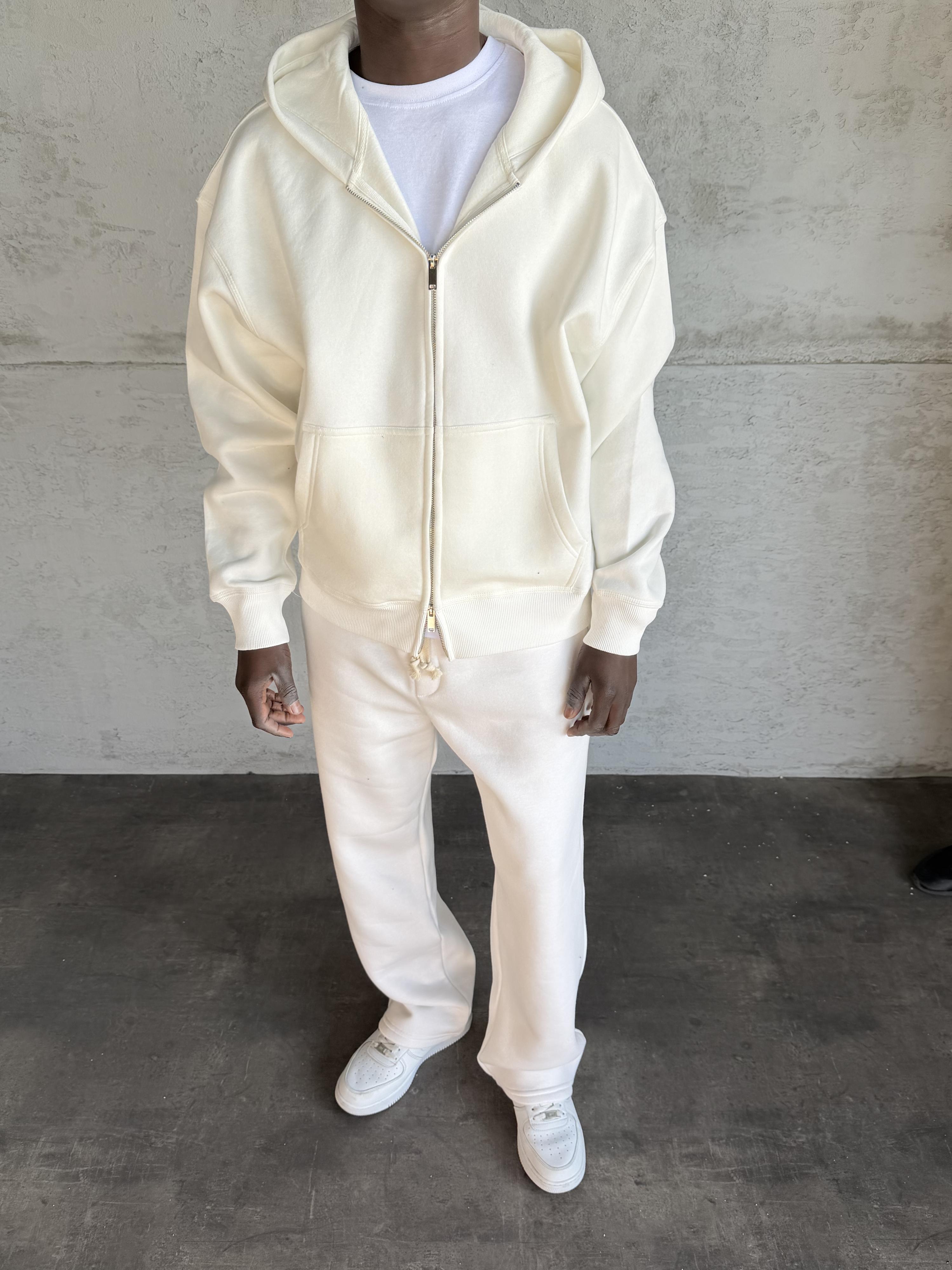 Beyaz Kapüşonlu Fermuarlı Sweatshirt