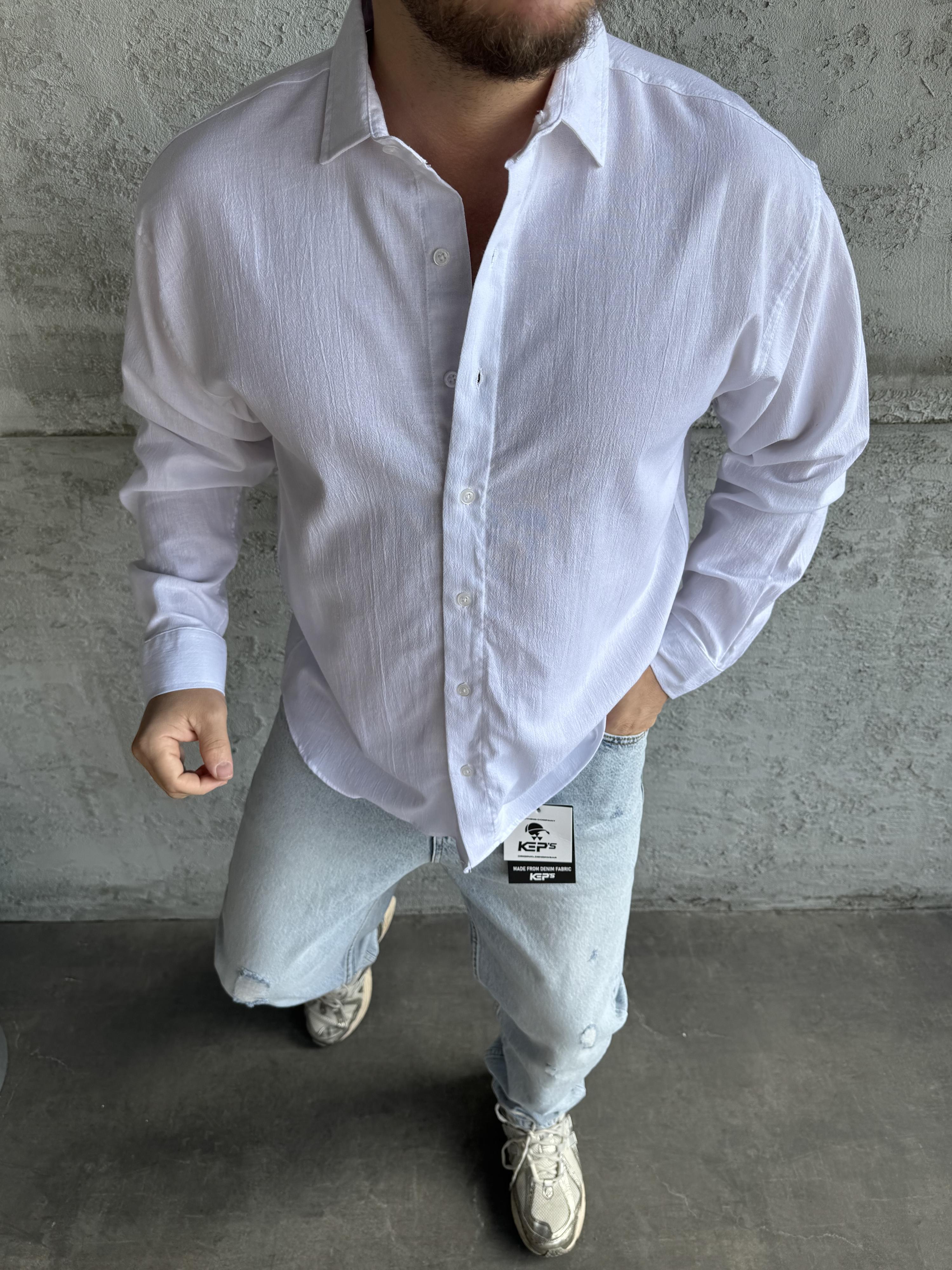 Beyaz Kırınkıl Kumaş Gömlek