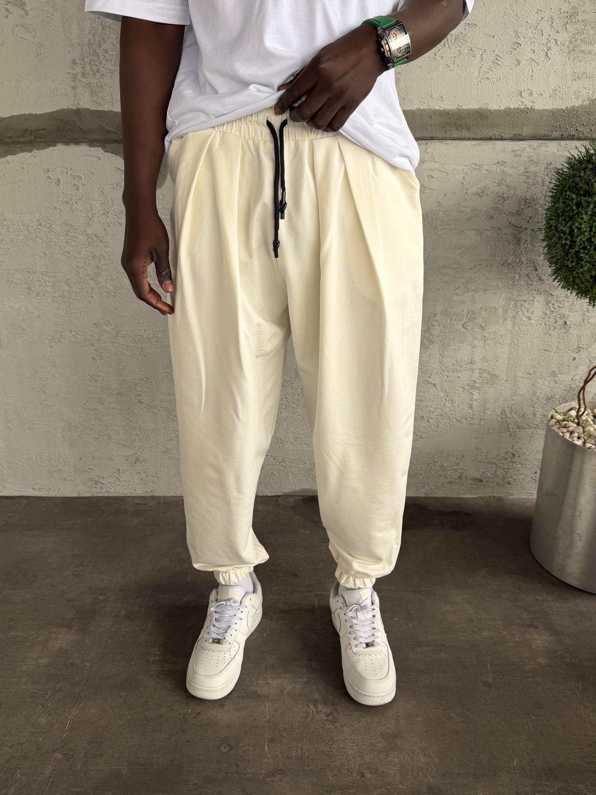 Beyaz Paça Lastik Şalvar Eşofman