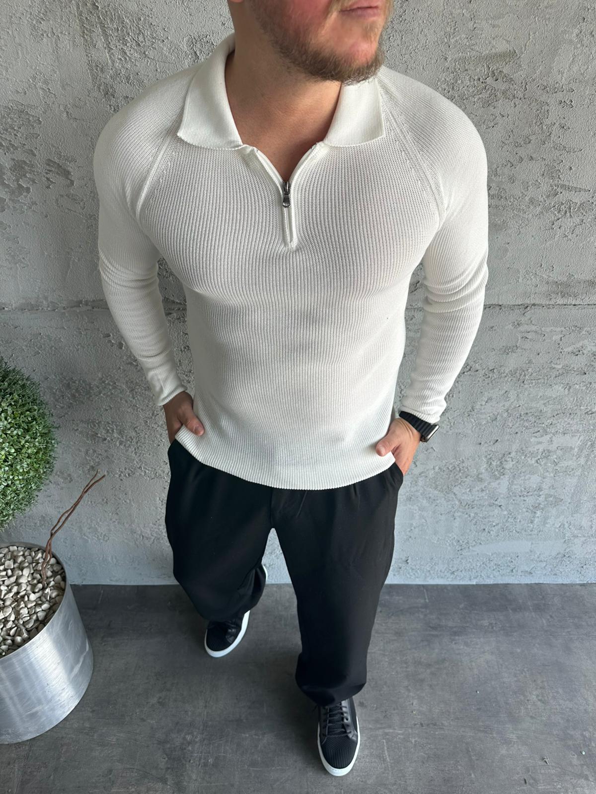 Beyaz Polo Yaka Fermuarlı Slimfit Triko Kazak