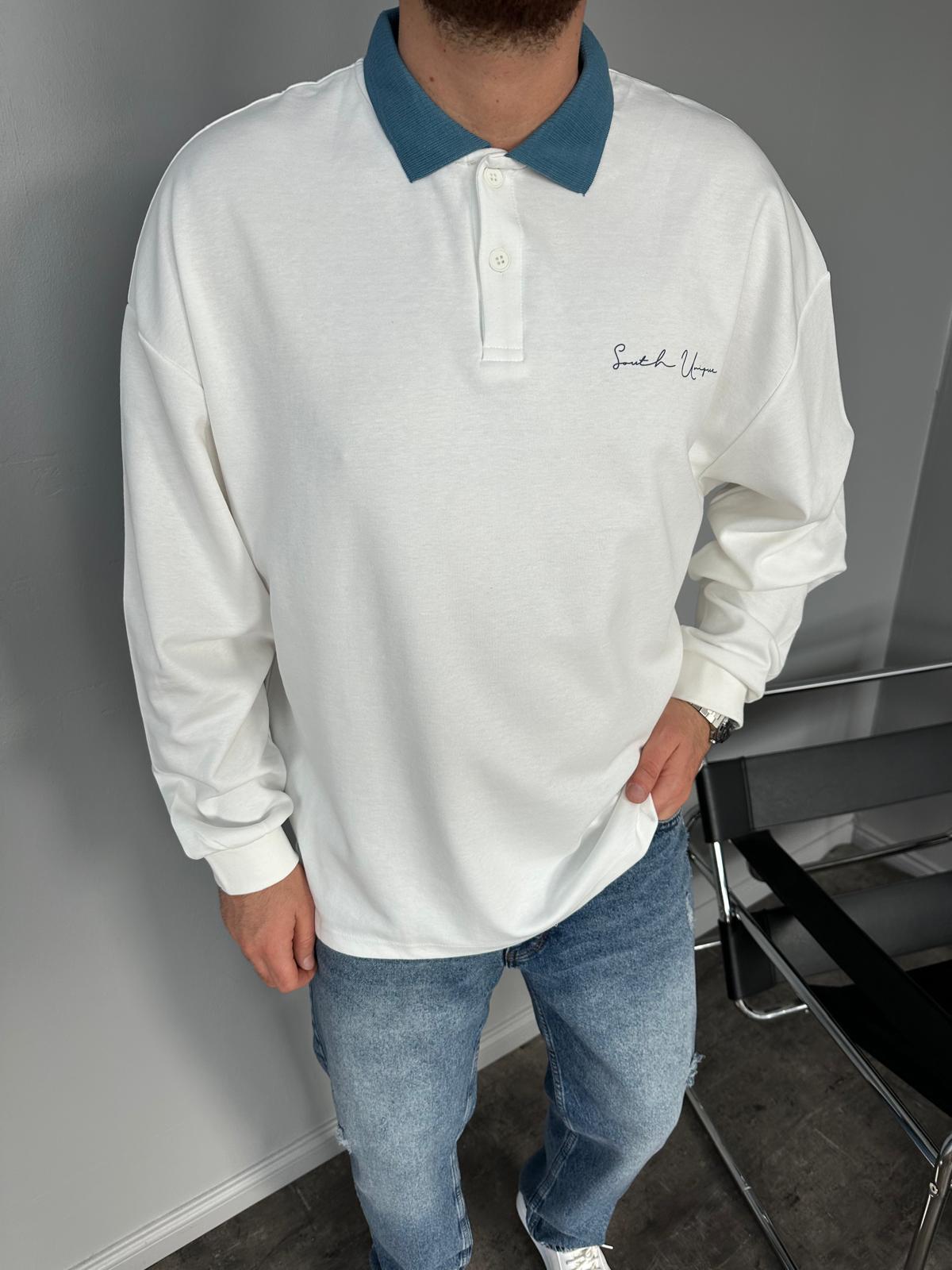 Beyaz Polo Yaka Sırt Baskılı Sweatshirt