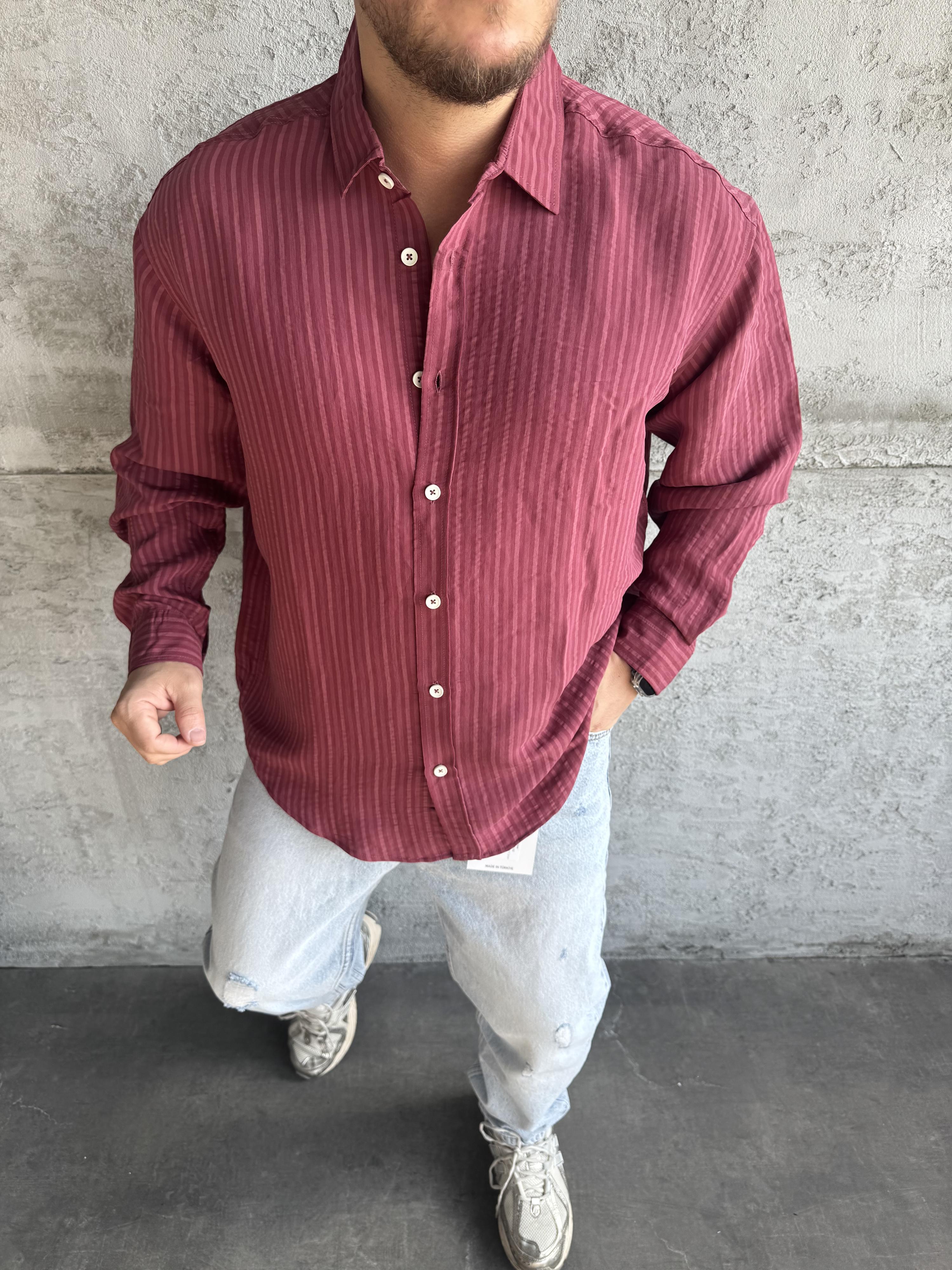 Bordo Modal Kumaş Desenli Oversize Gömlek