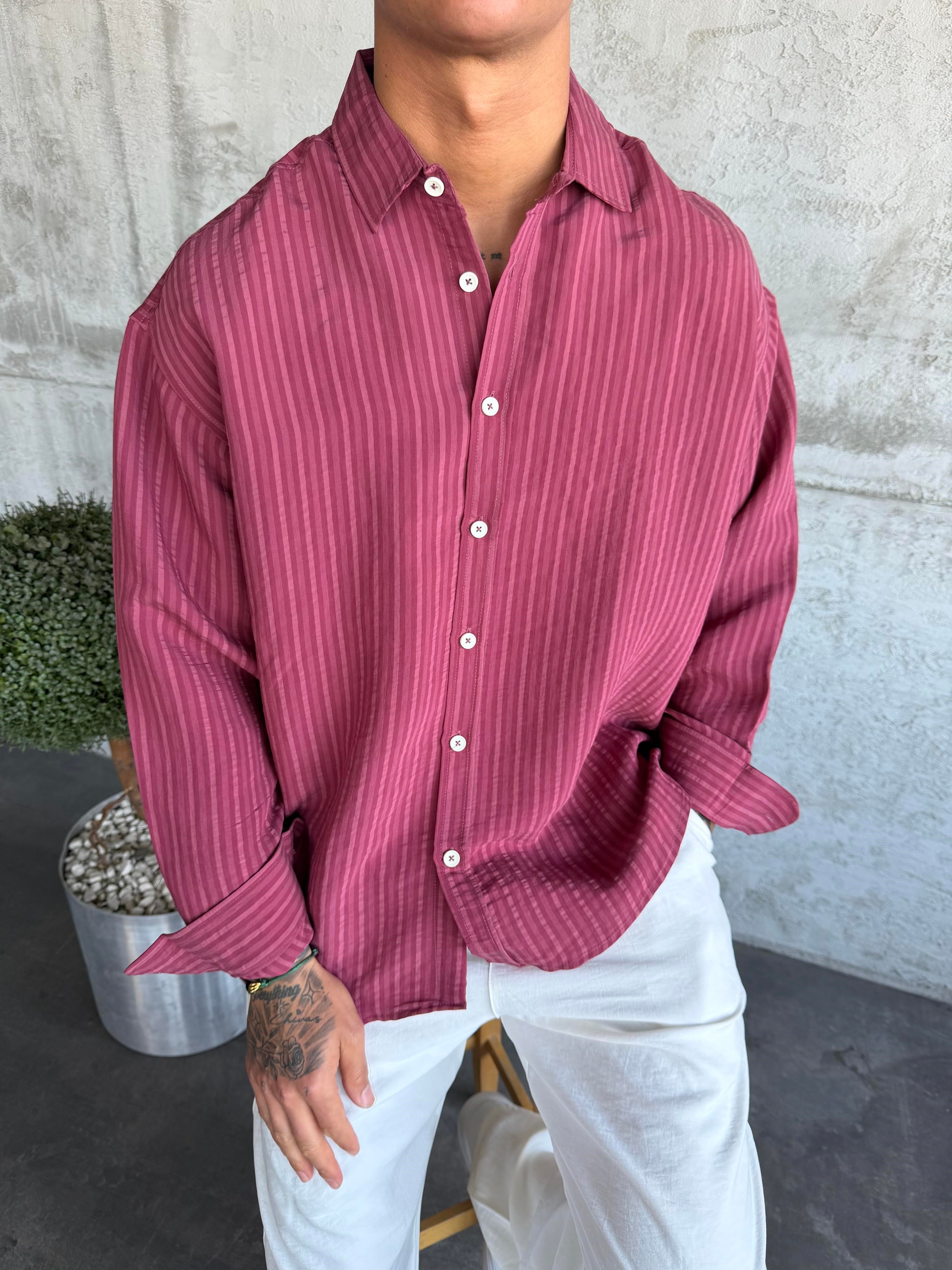 Bordo Modal Kumaş Desenli Oversize Gömlek