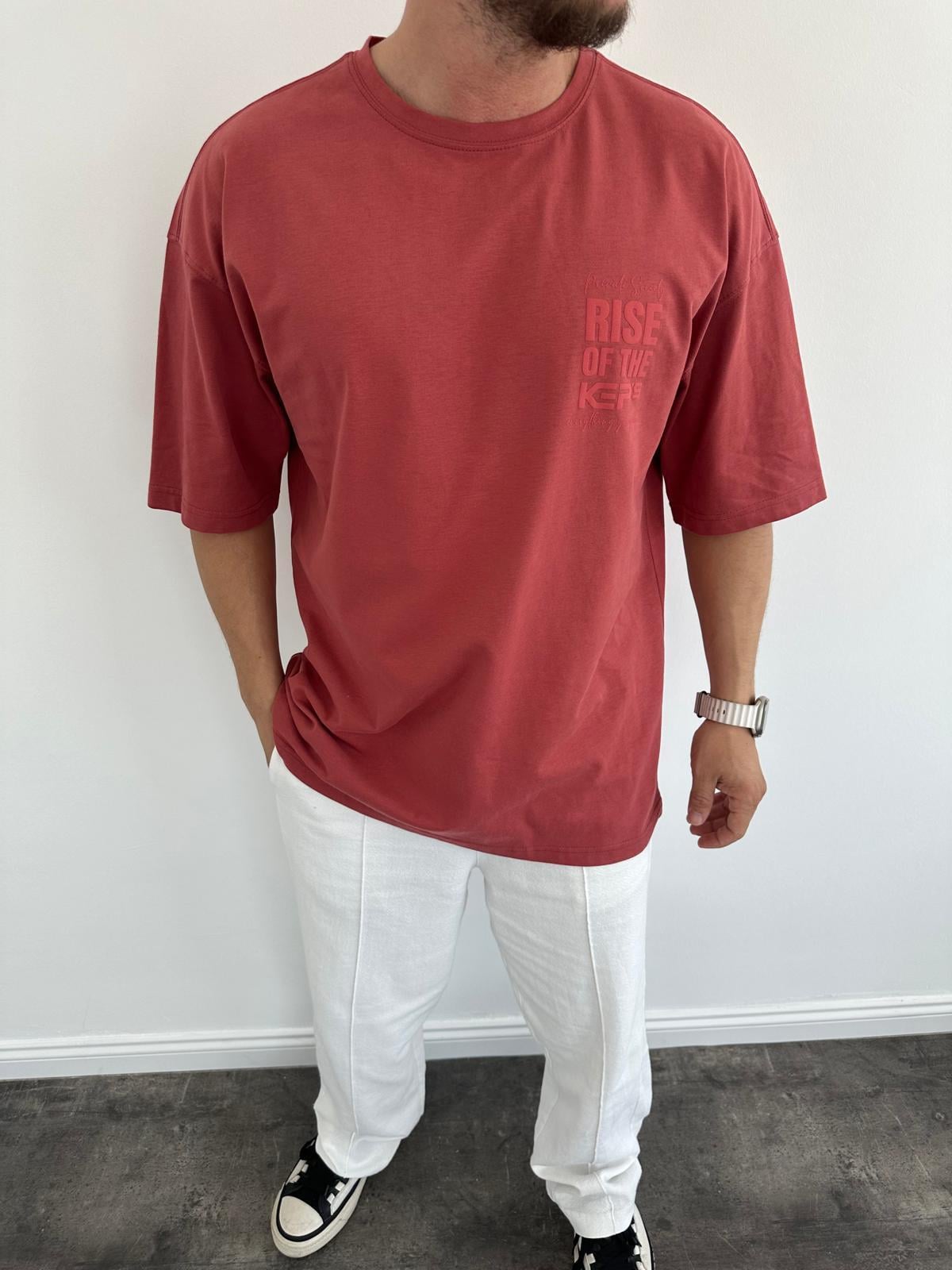 Bordo Oversize Baskılı T-Shirt