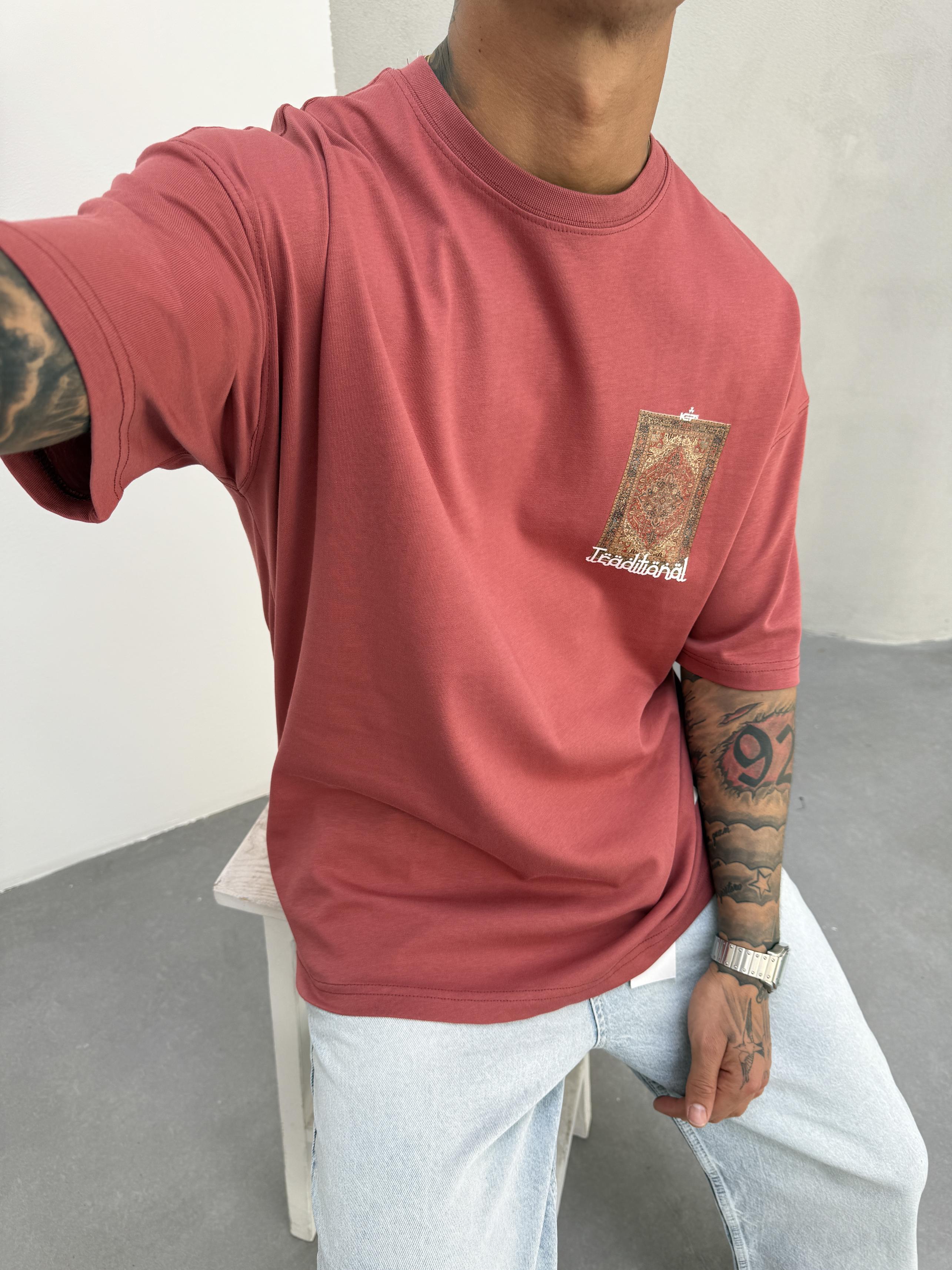Bordo Oversize Baskılı T-Shirt