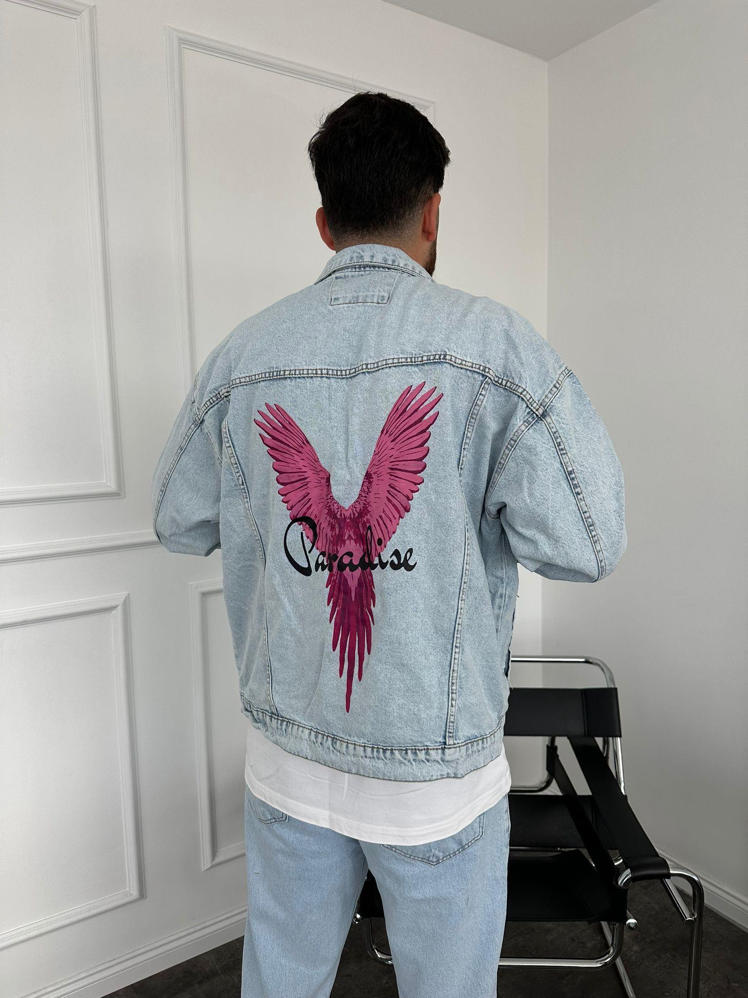 Buz Mavi Sırt Baskılı Kot Ceket