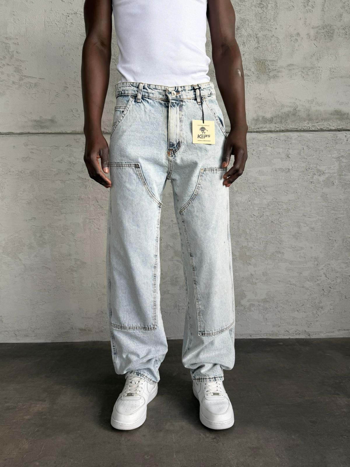 Dikiş Detaylı Buz Mavi Relax Baggy Jean