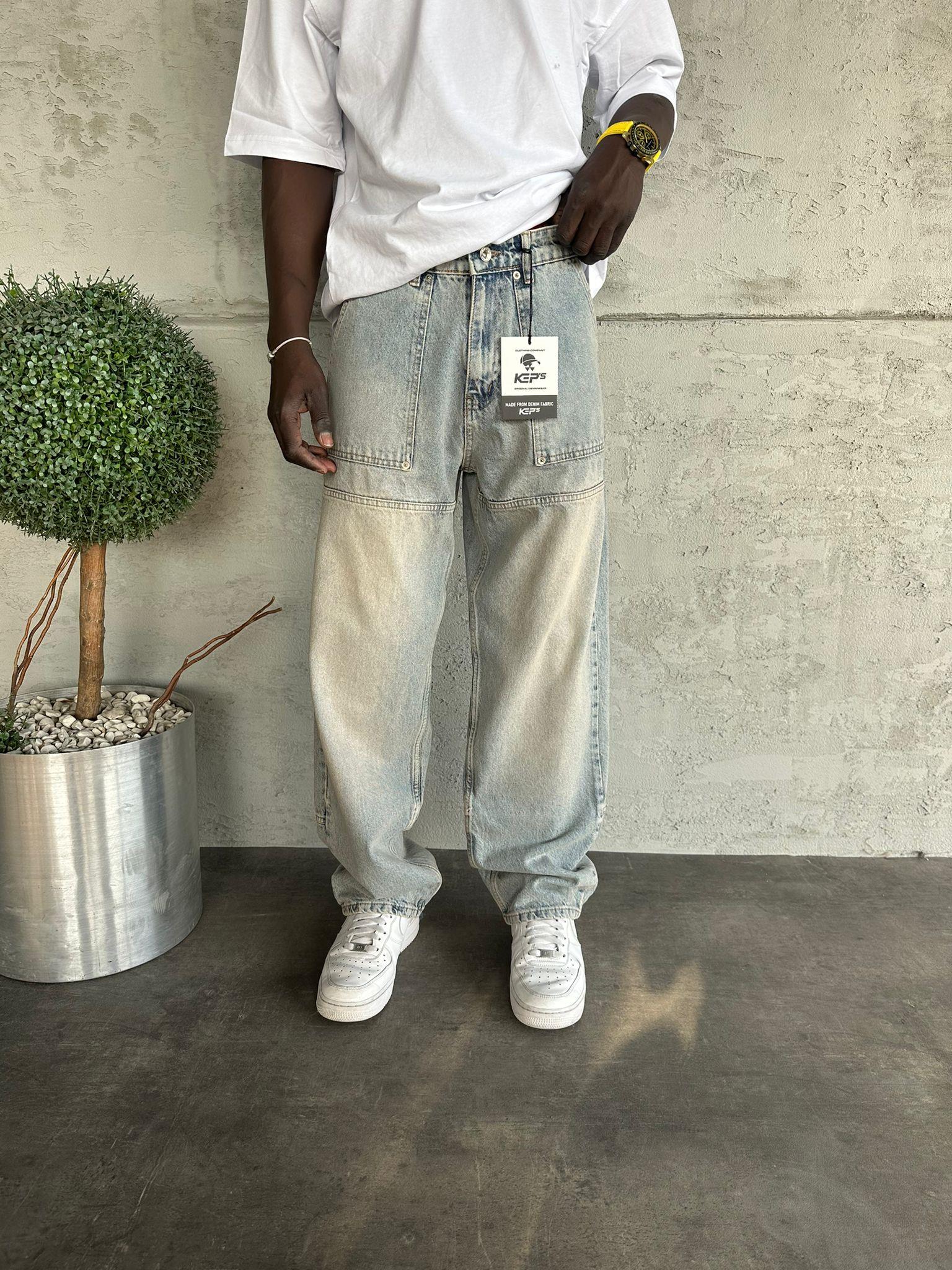 Dikiş Detaylı Buz Mavi Yıkamalı Relax Baggy