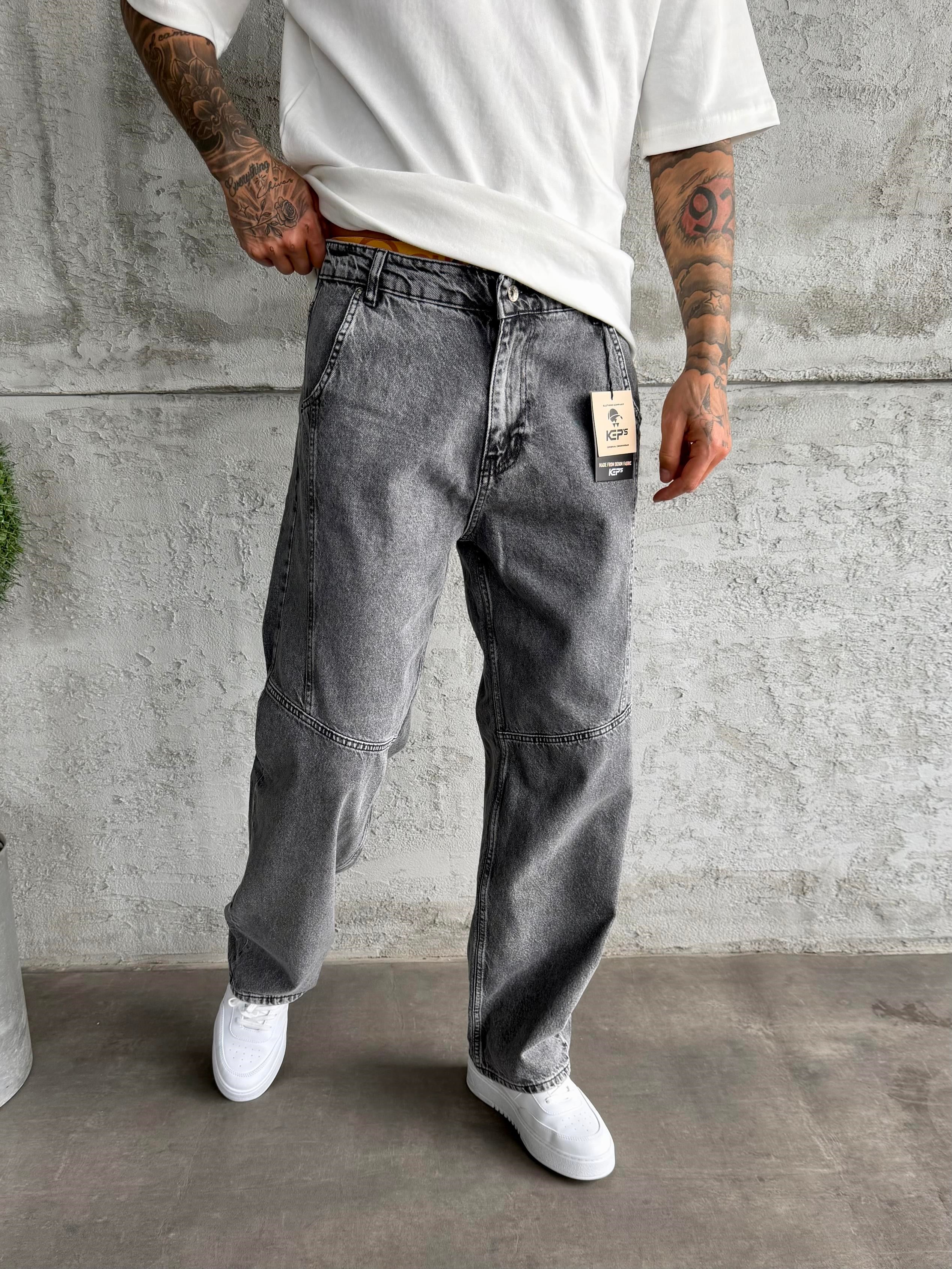 Dikiş Detaylı Füme Relax Baggy Jean