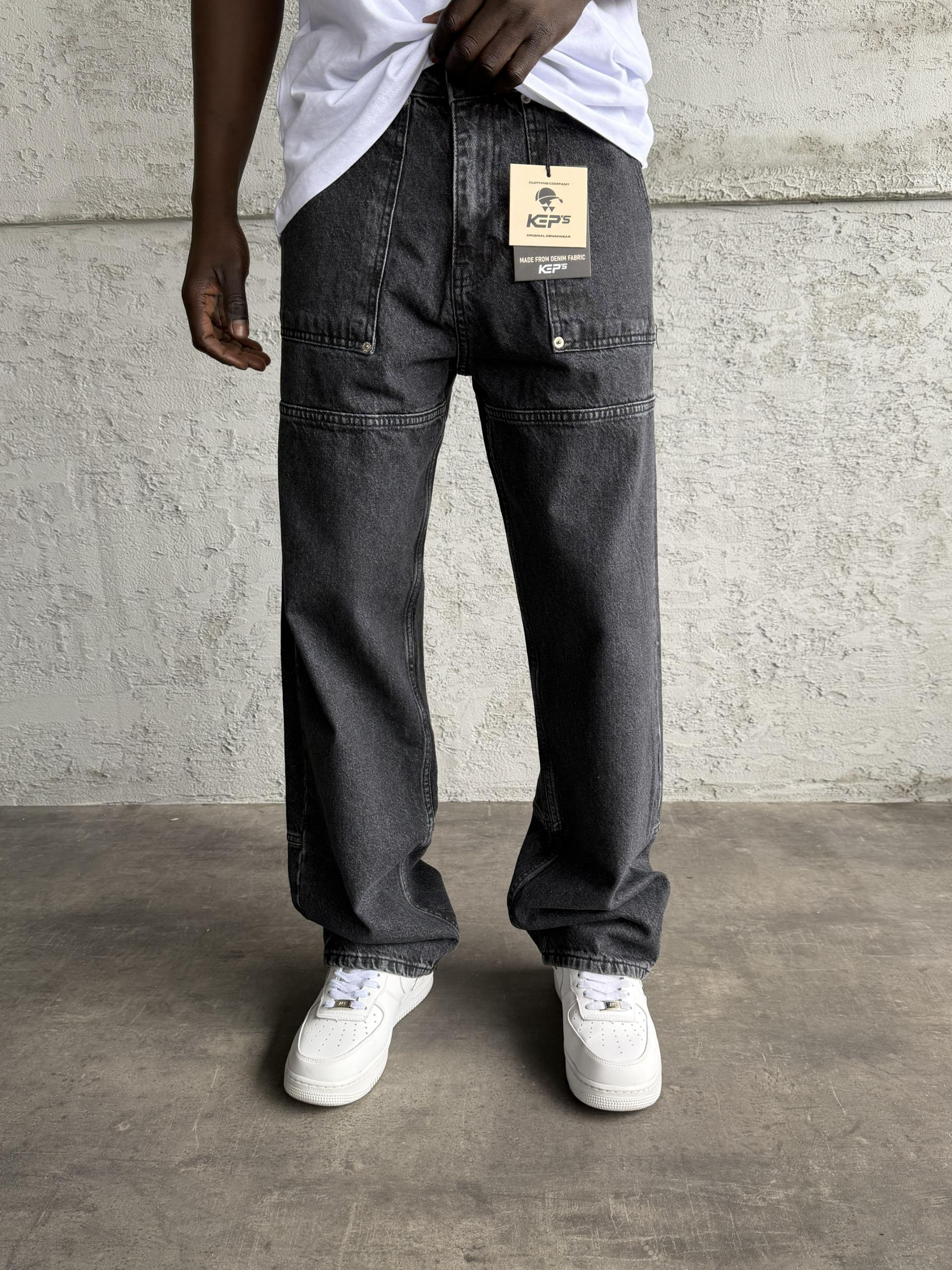 Dikiş Detaylı Füme Relax Baggy Jean