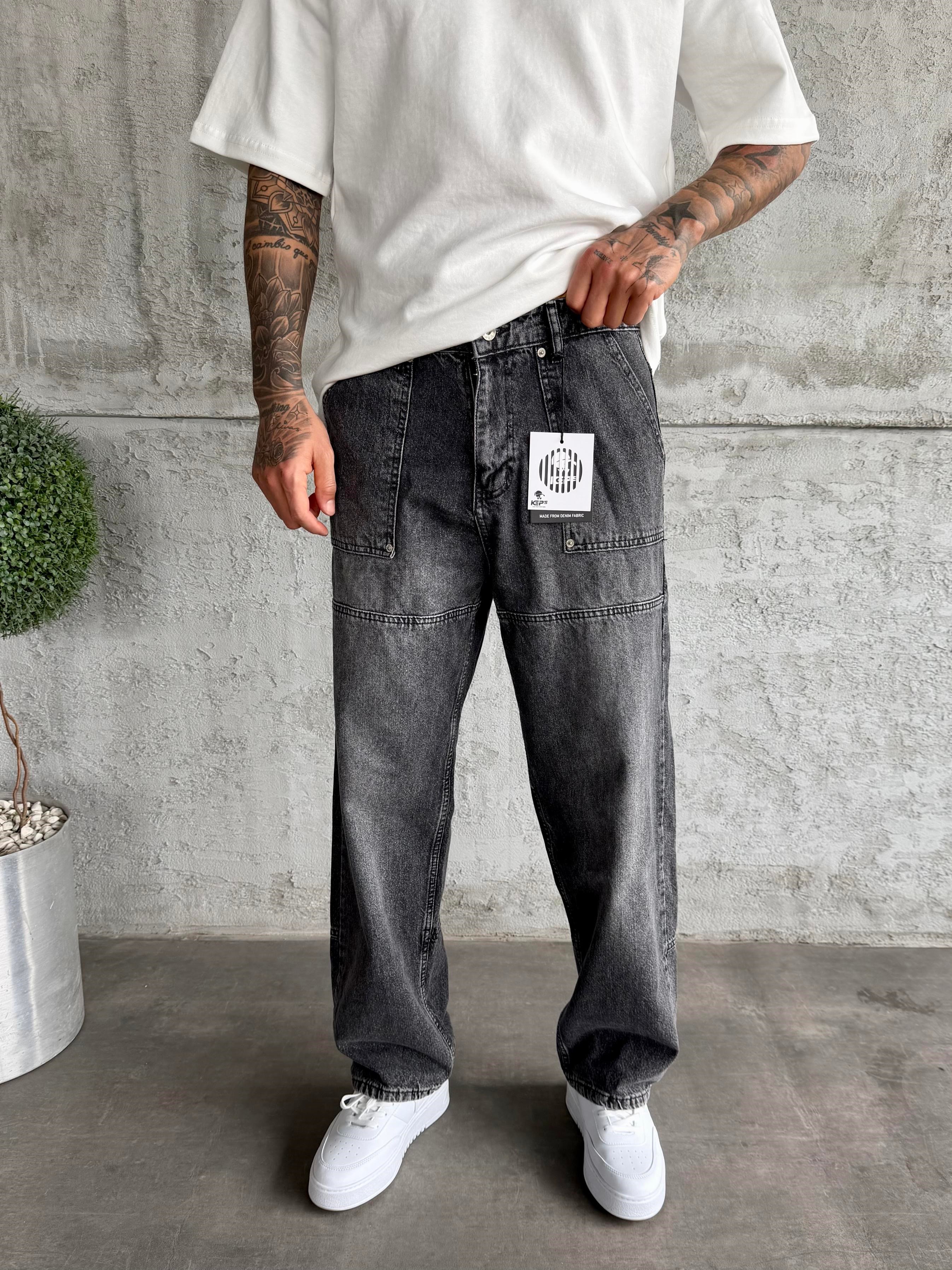 Dikiş Detaylı Füme Taşlamalı Relax Baggy Jean