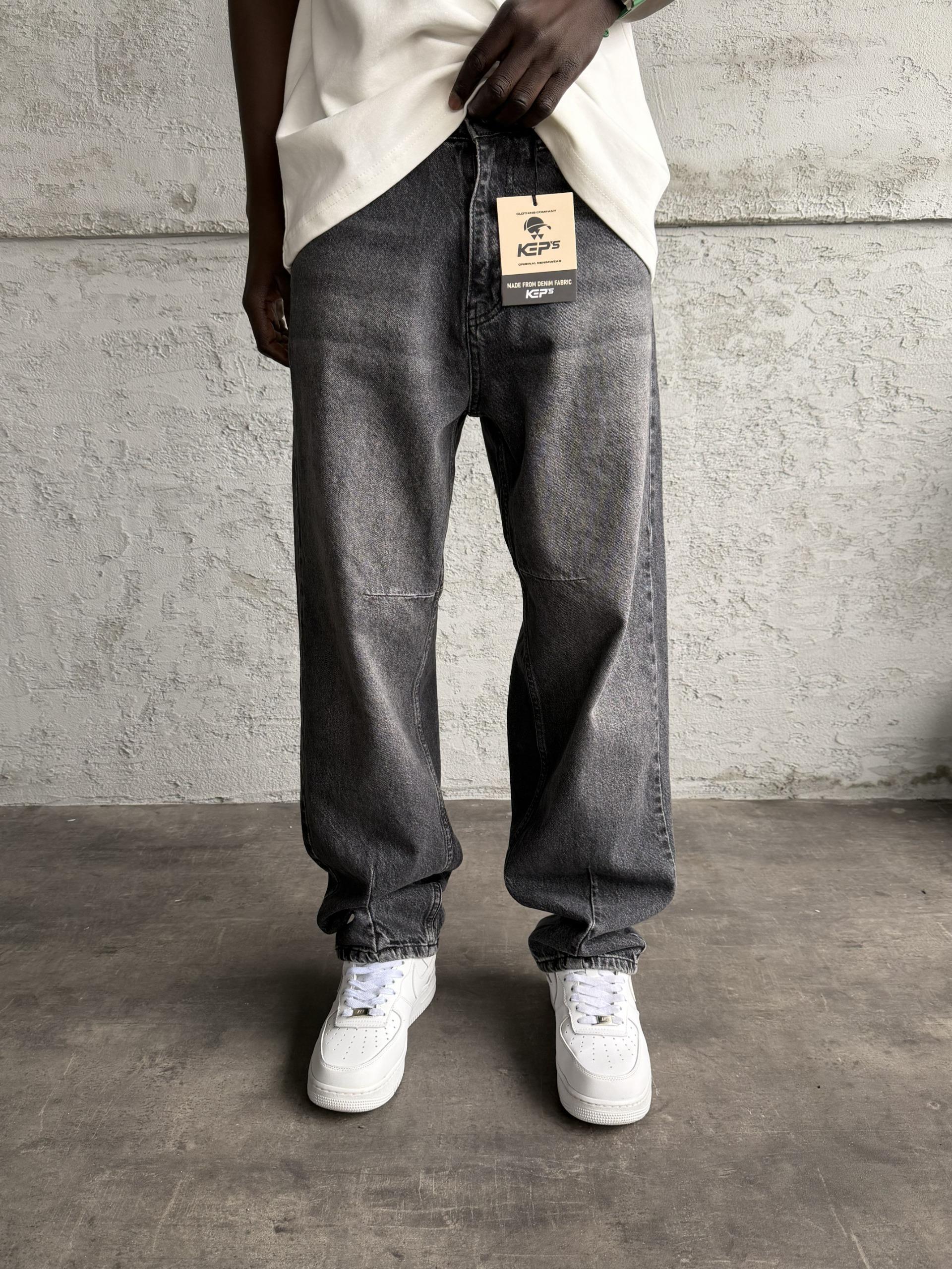 Dikiş Detaylı Füme Taşlamalı Relax Baggy Jean