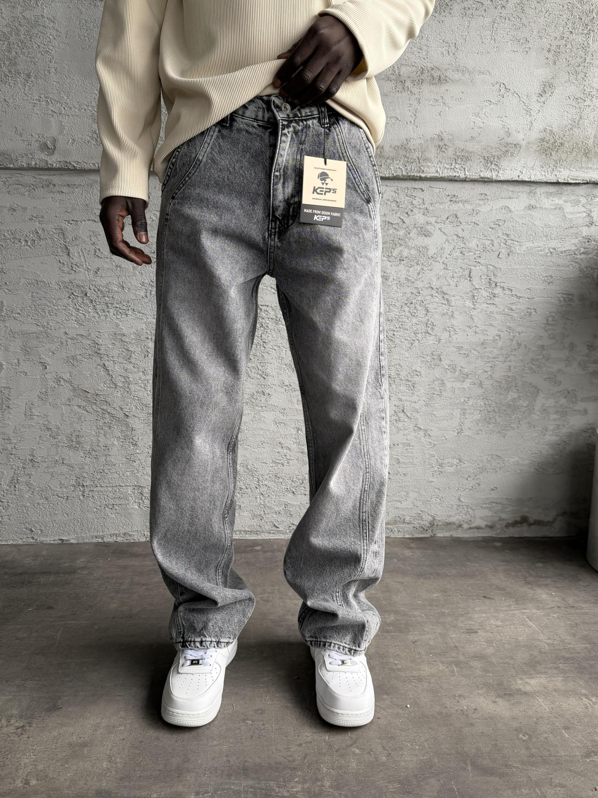 Dikiş Detaylı Gri Taşlamalı Relax Baggy Jean