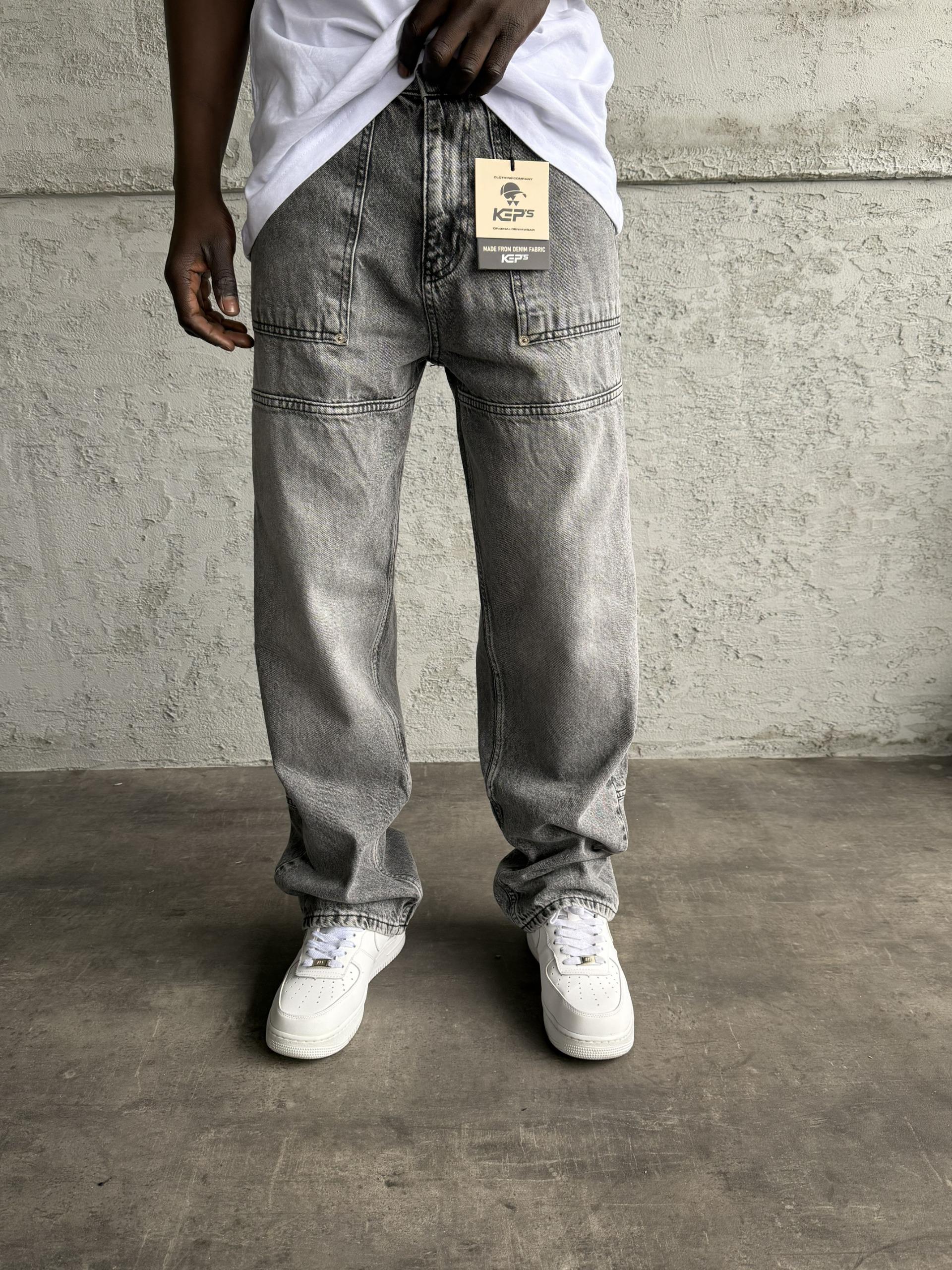 Dikiş Detaylı Gri Taşlamalı Relax Baggy Jean