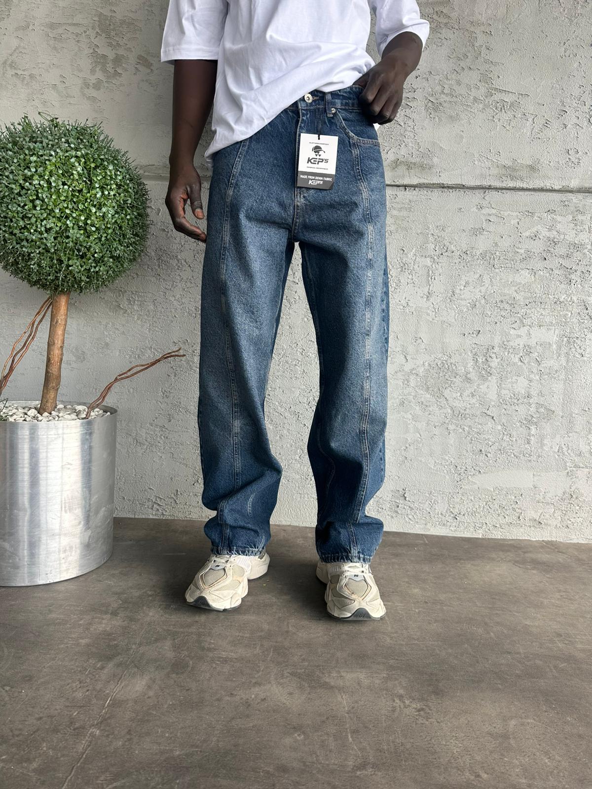 Dikiş Detaylı Lacivert Taşlamalı Relax Baggy Jean