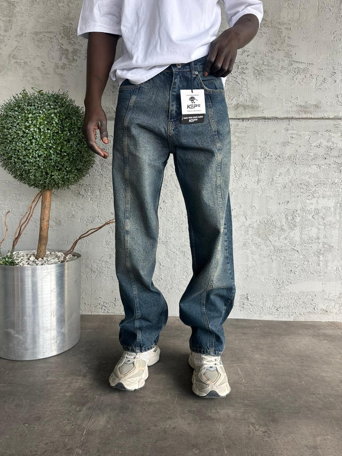 Dikiş Detaylı Lacivert Yıkamalı Relax Baggy Jean