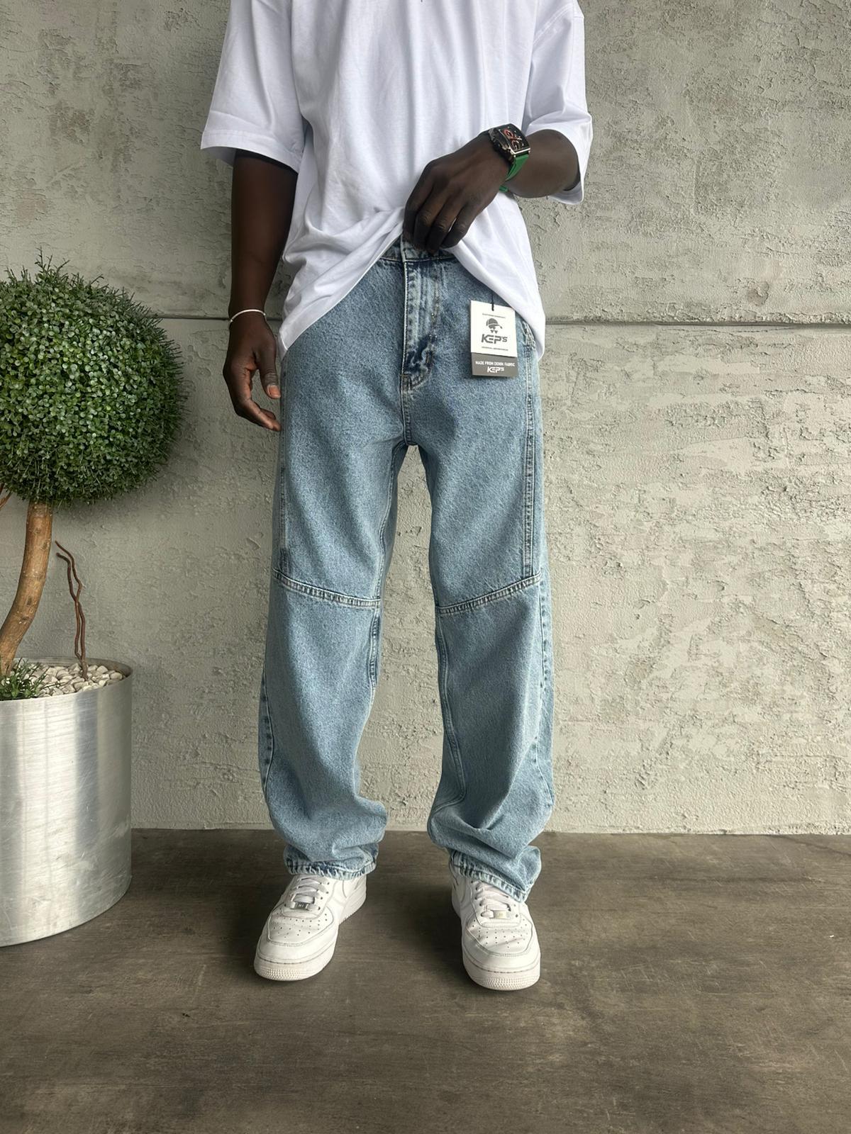 Dikiş Detaylı Mavi Kar Yıkama Relax Baggy Jean