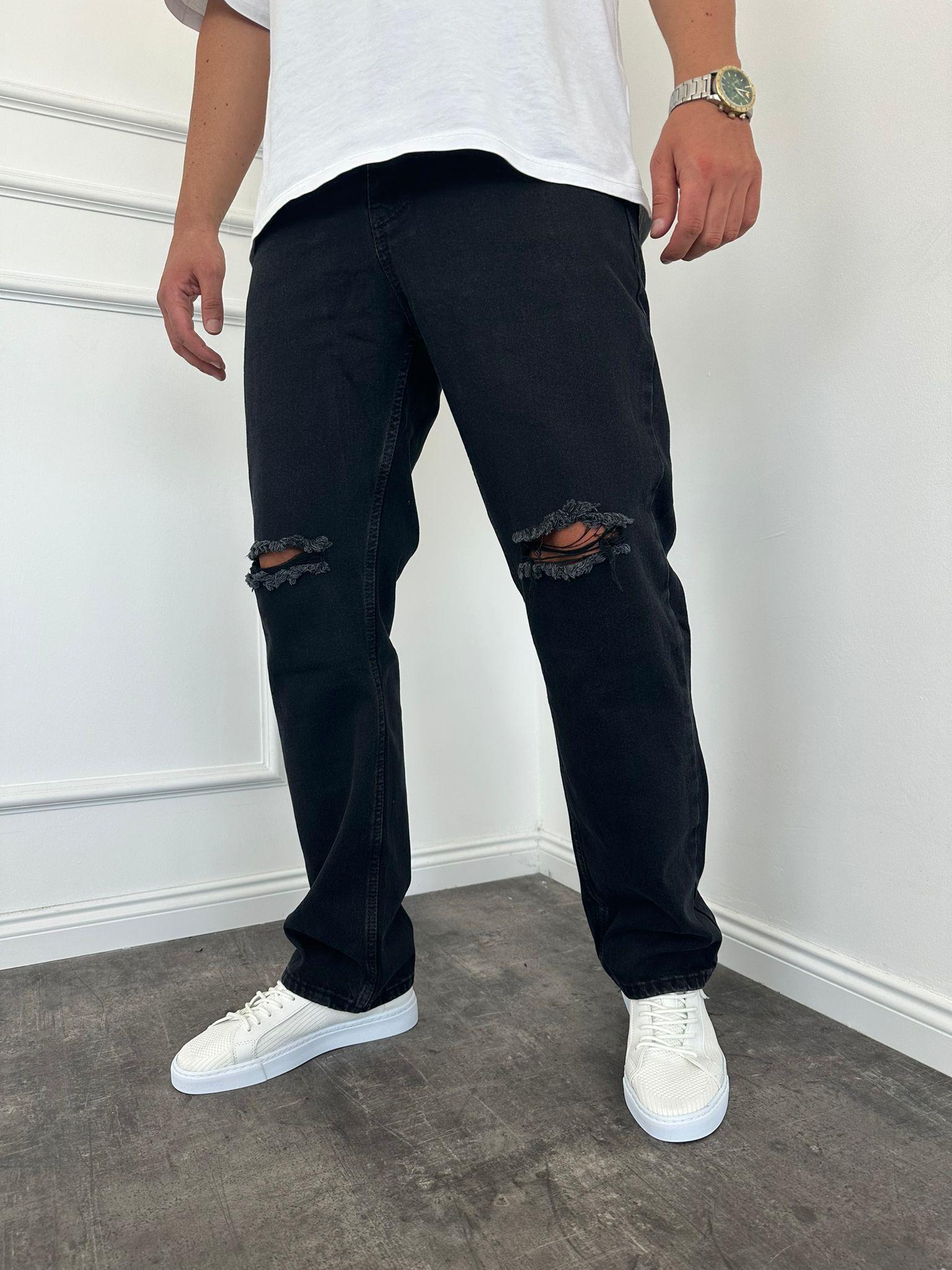 Diz Yırtık Detaylı Antrasit Baggy Jean