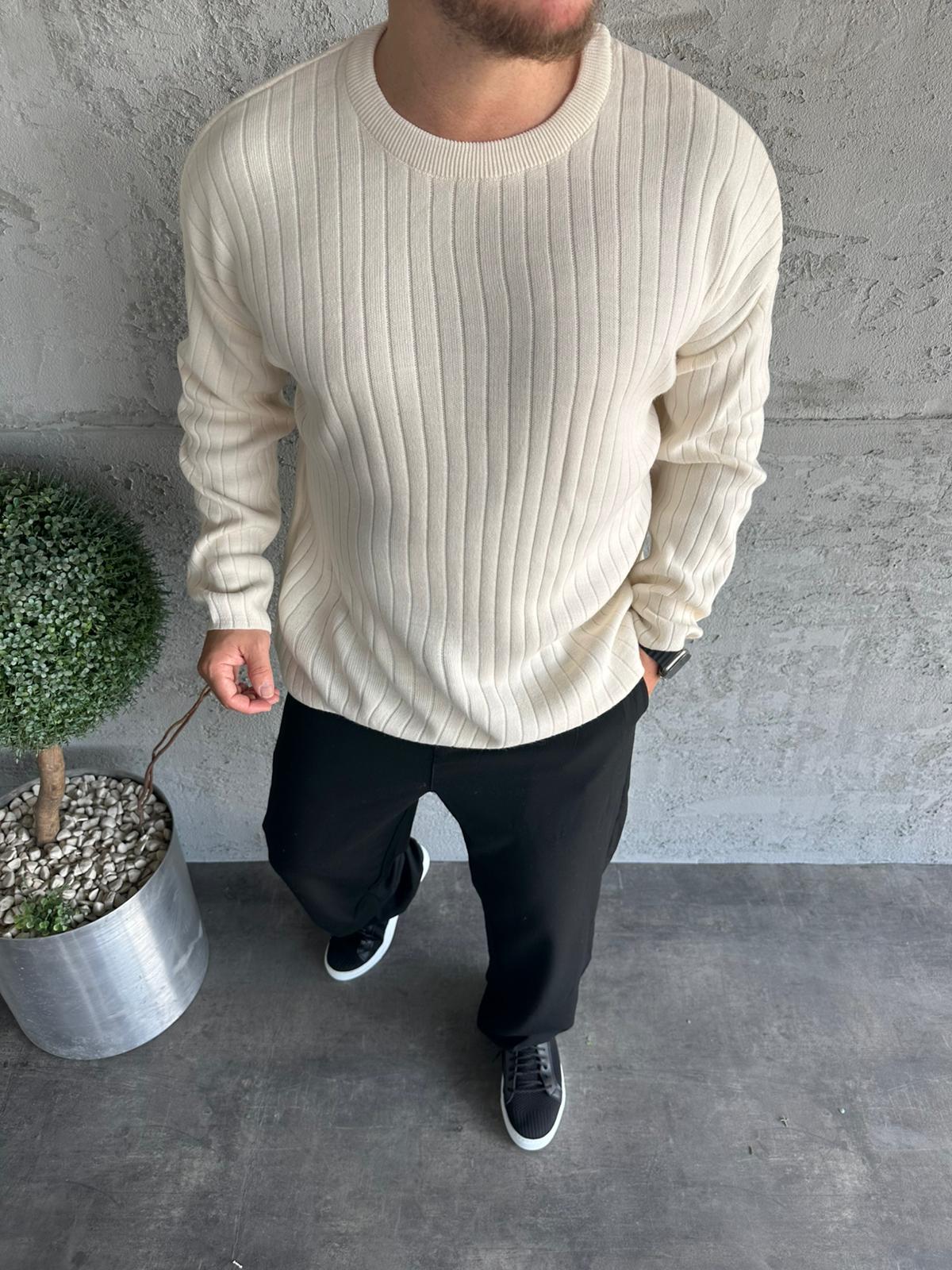 Ekru Fitilli Oversize Triko Kazak