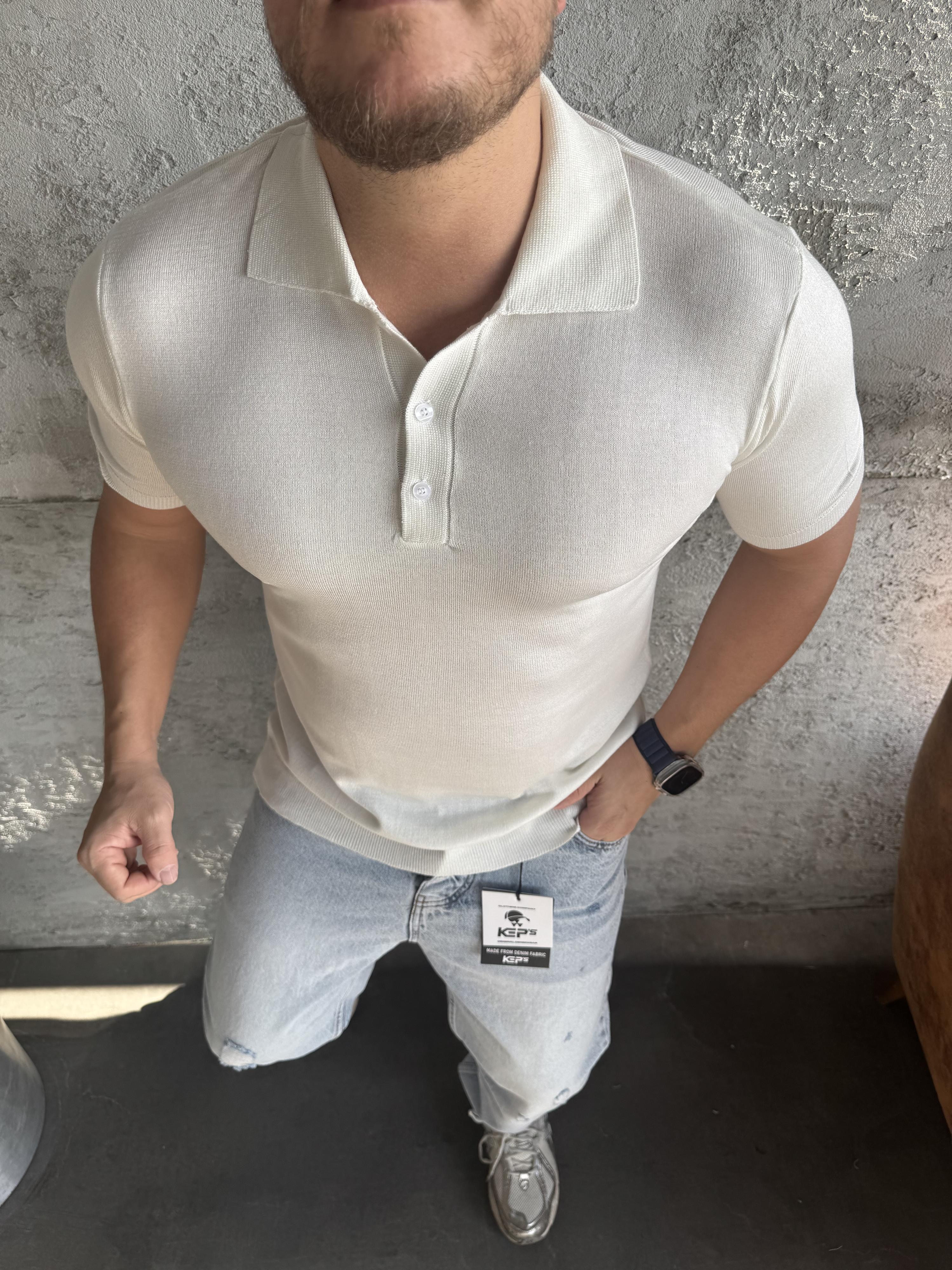 Ekru Polo Yaka Düğmeli Triko T-Shirt