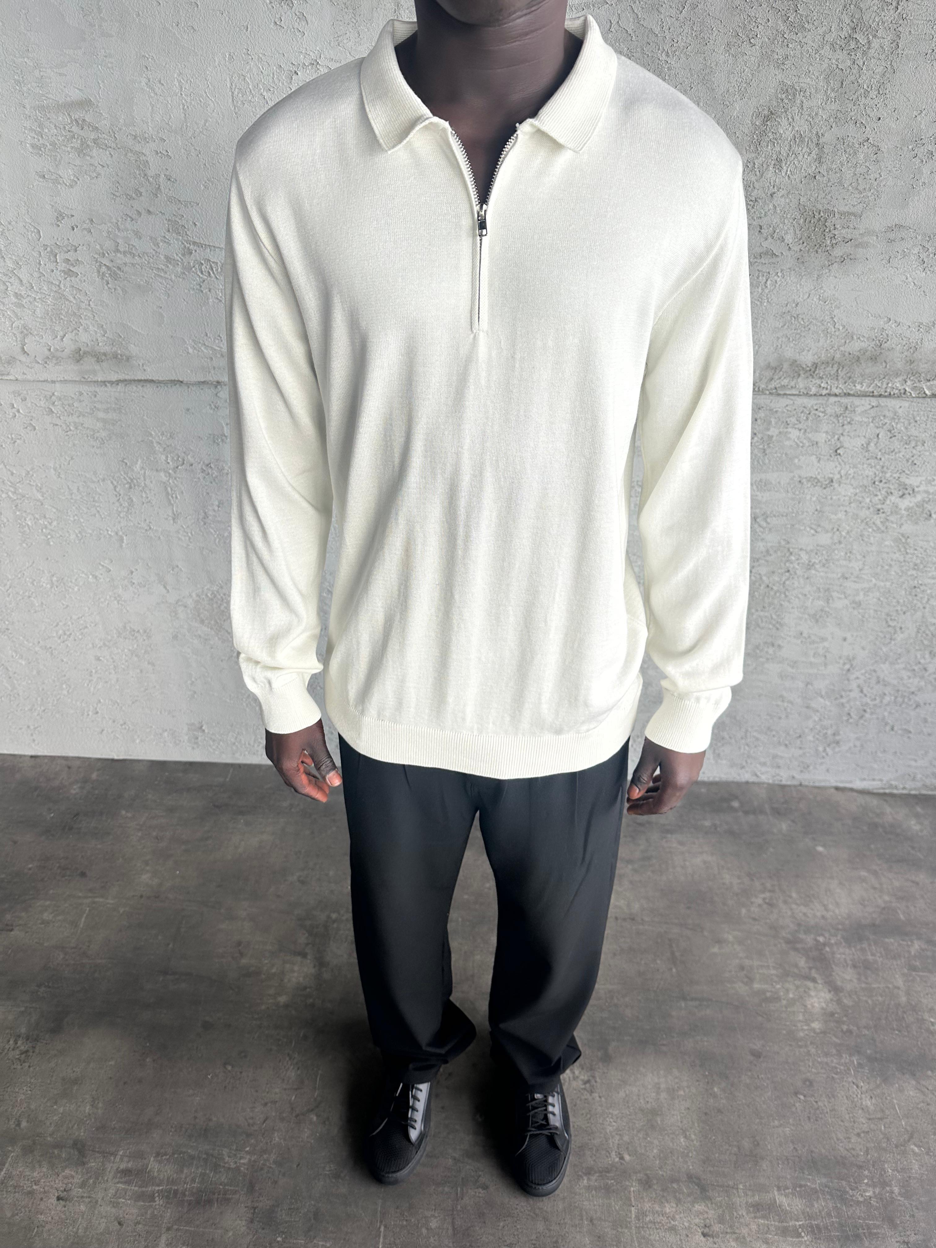 Ekru Polo Yaka Fermuarlı Triko Kazak