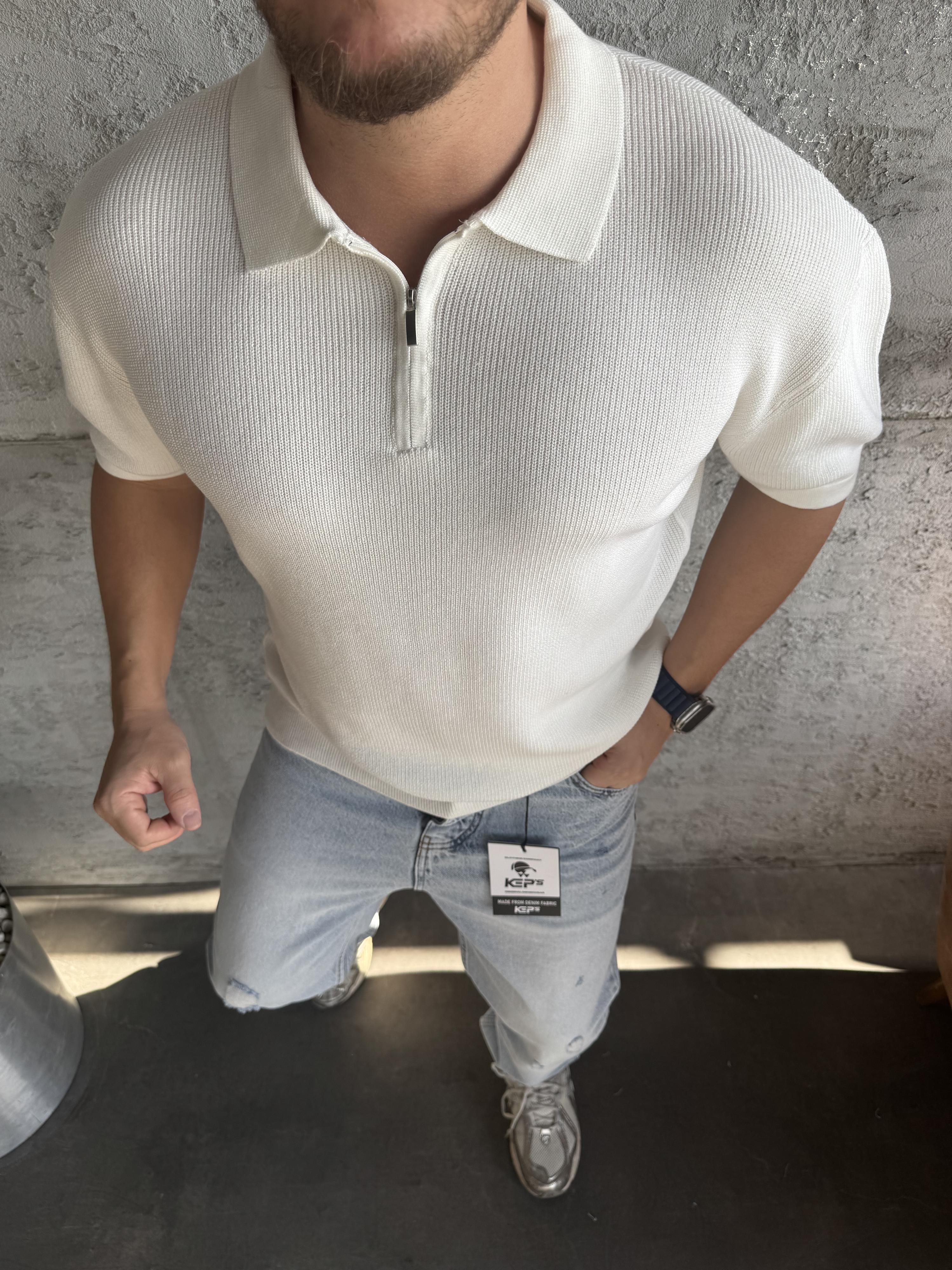 Ekru Polo Yaka Fermuarlı Triko T-Shirt