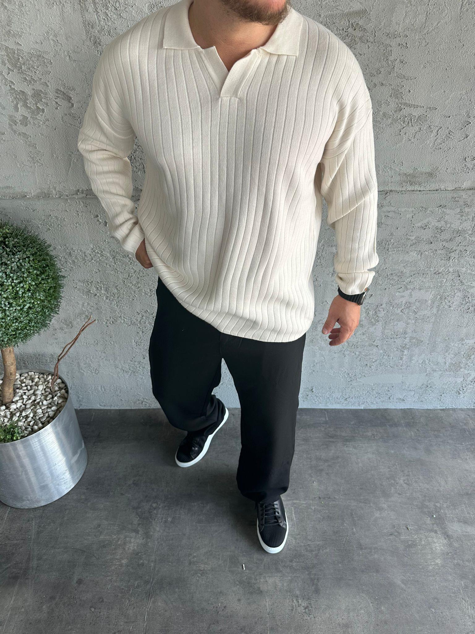 Ekru Polo Yaka Fitilli Triko Kazak