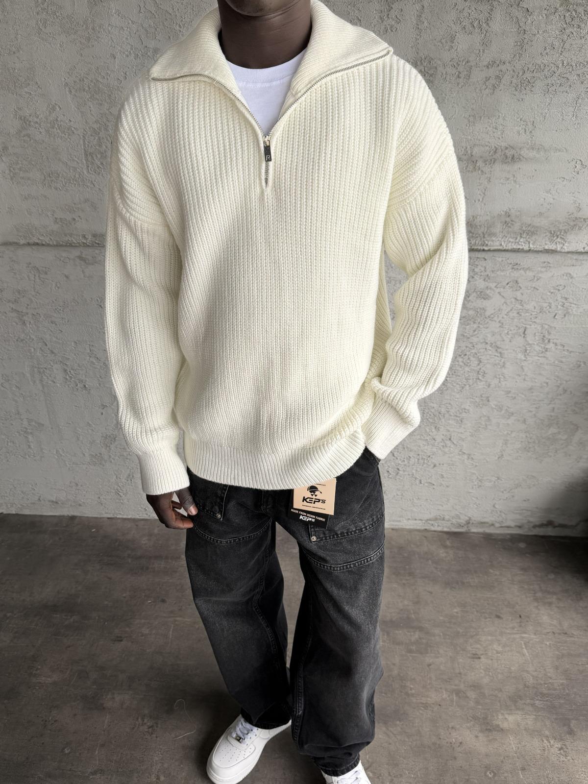 Ekru Yarım Fermuarlı Triko Kazak