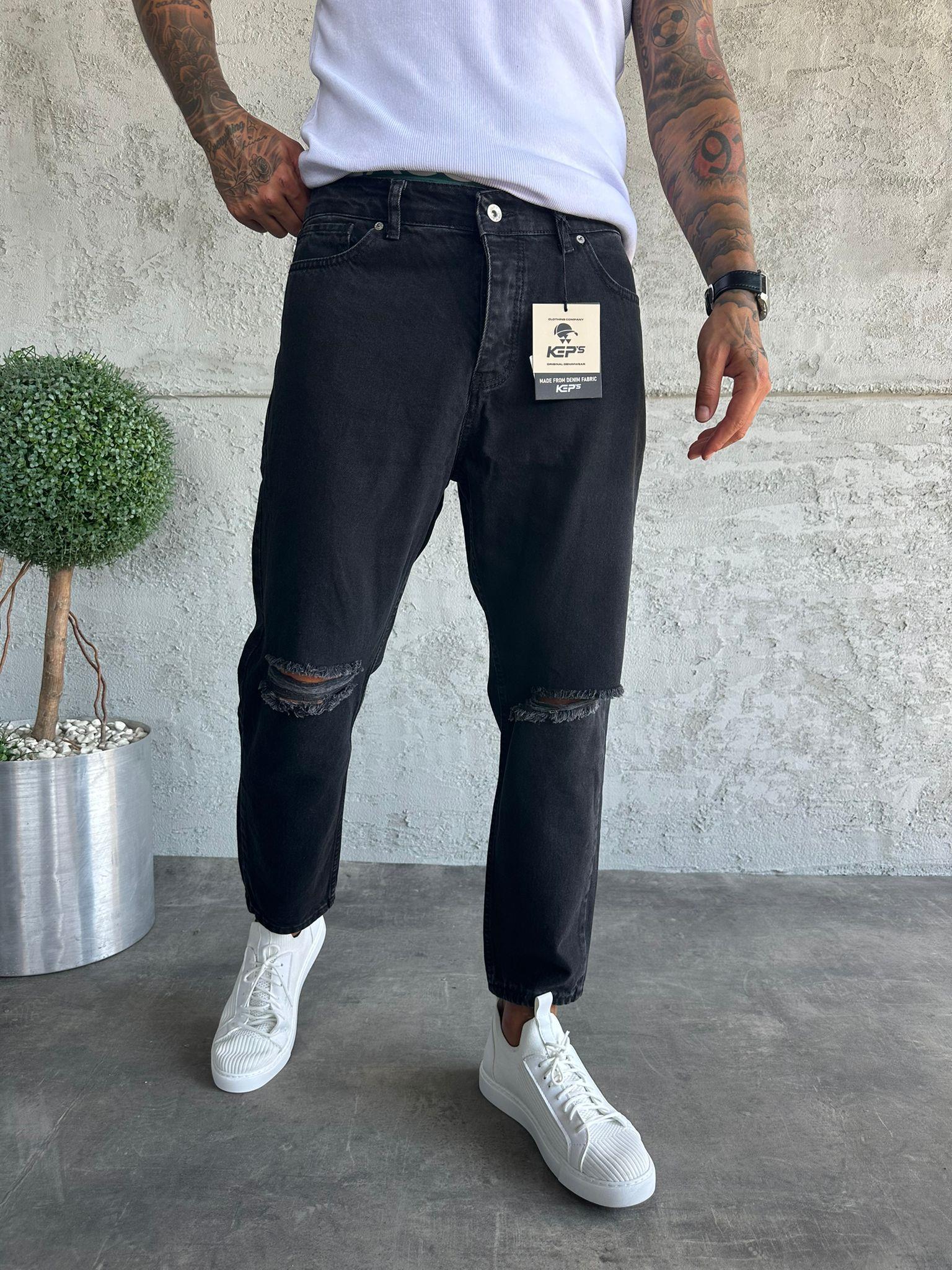 Füme Diz Yırtık Boyfriend Jean