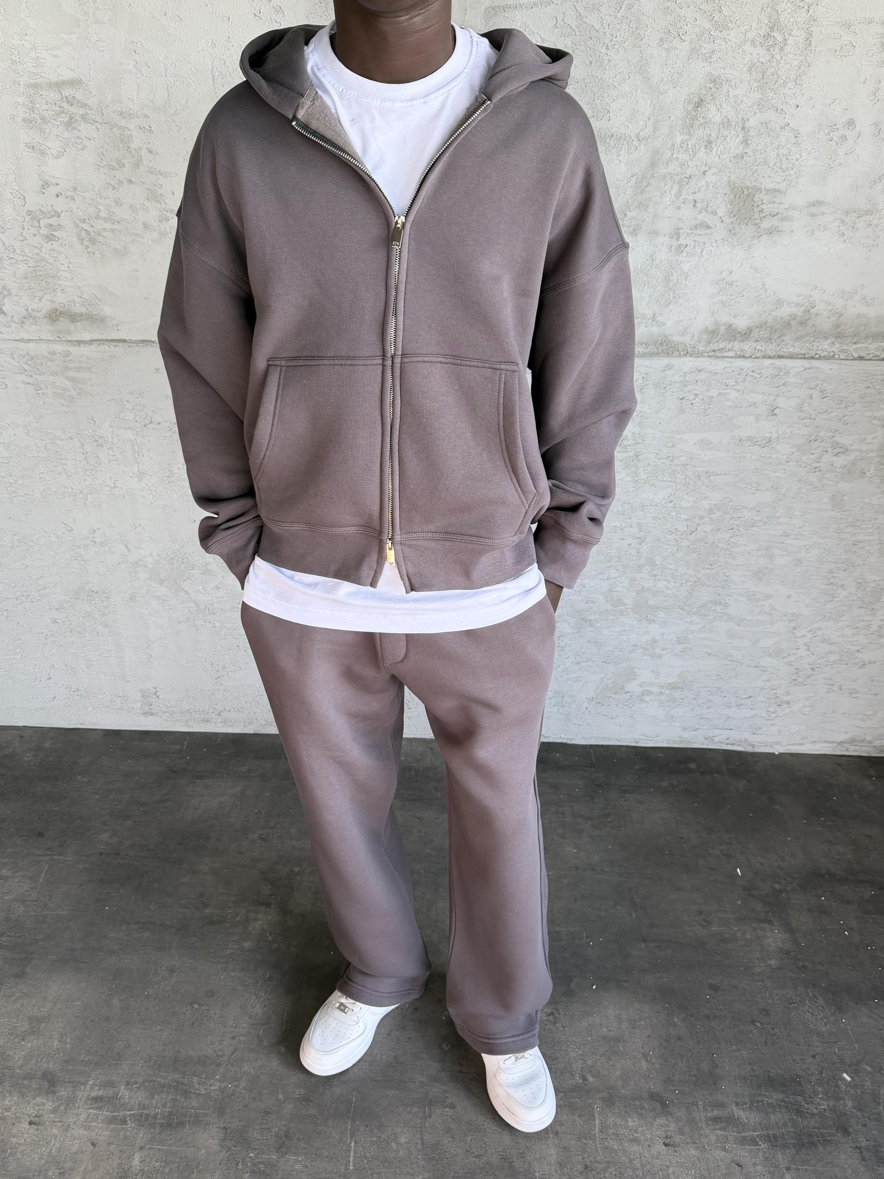 Füme Kapüşonlu Fermuarlı Sweatshirt