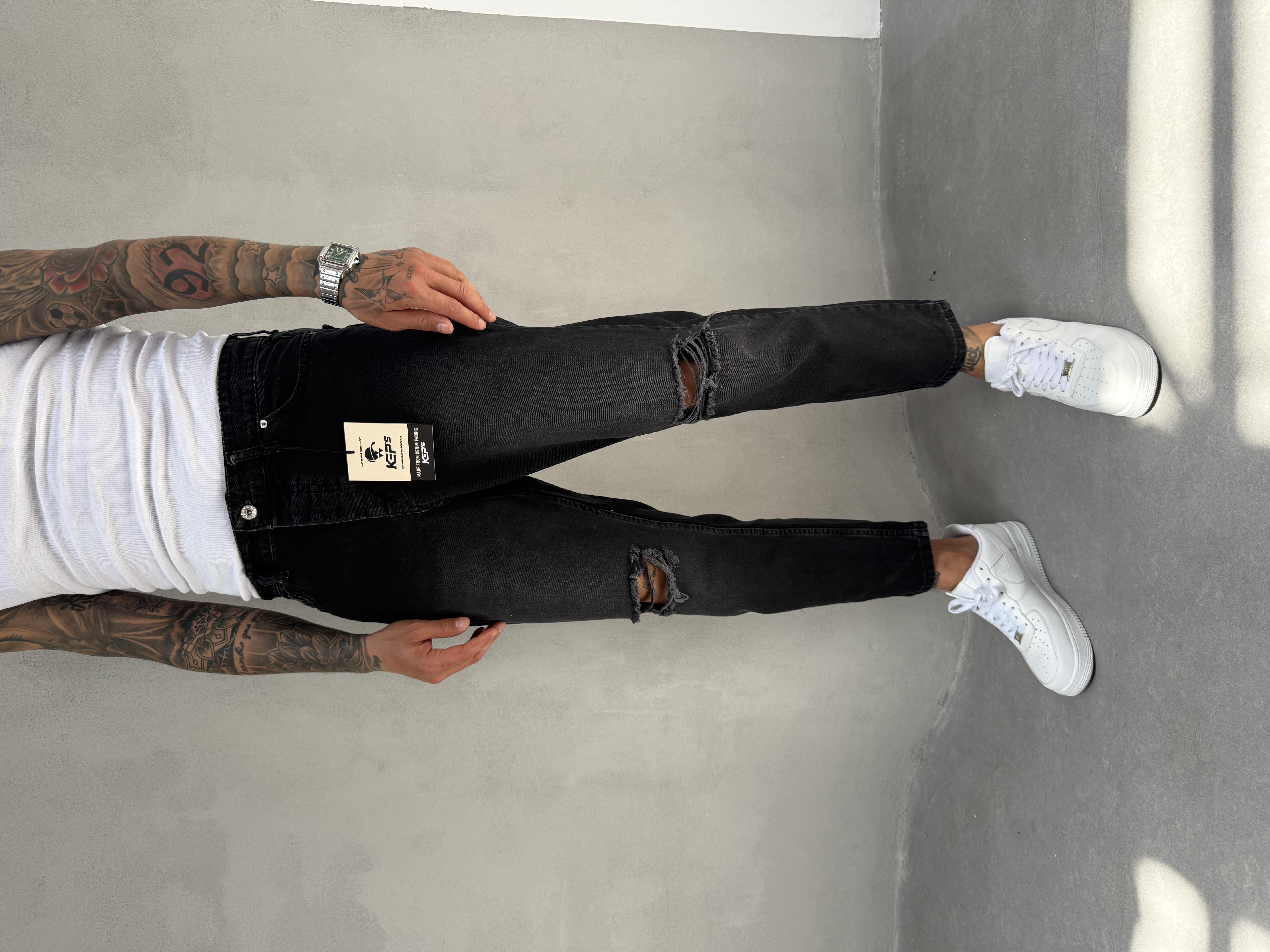 Füme Taşlamalı Diz Yırtık Boyfriend Jean
