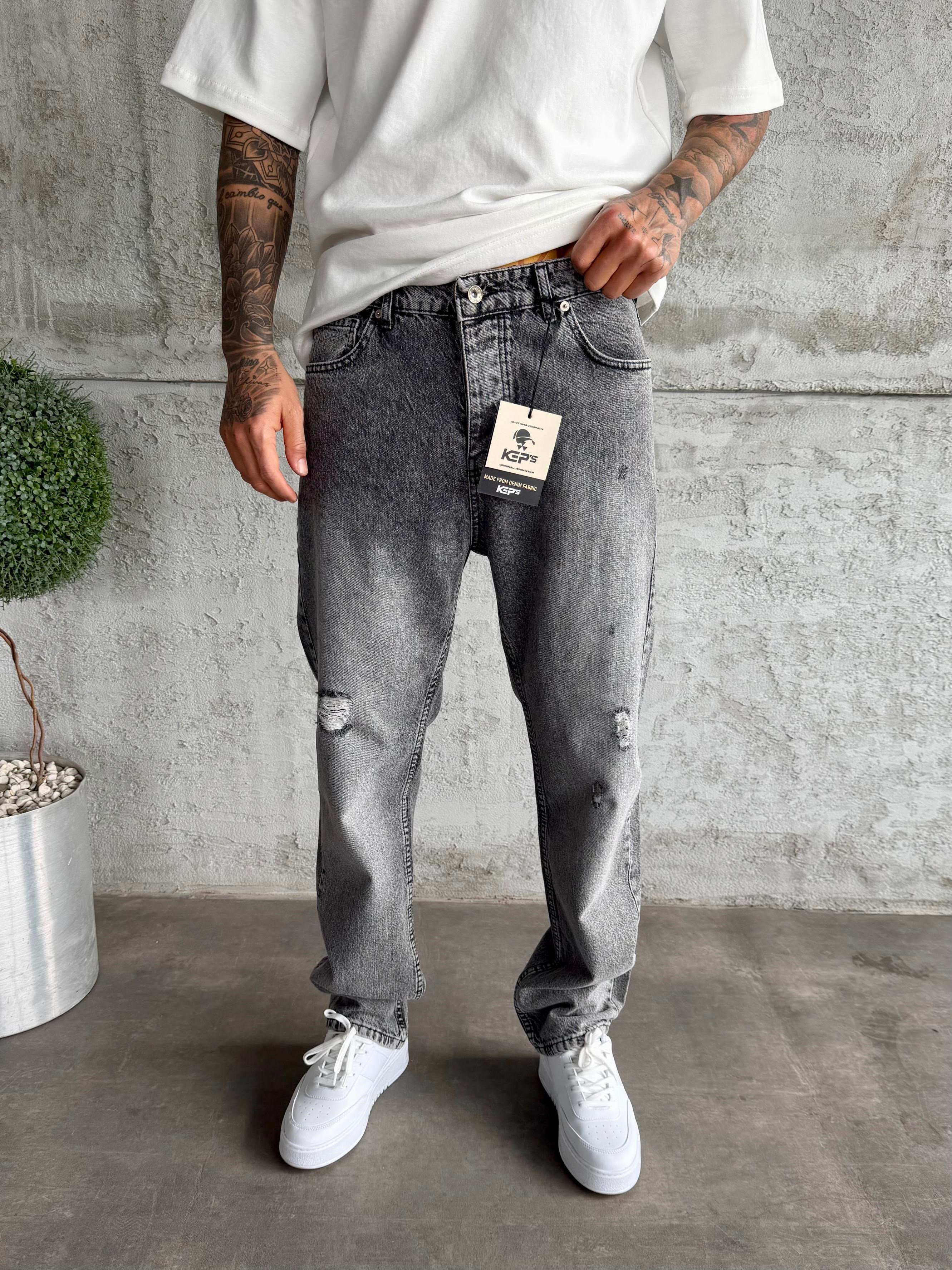 Füme Taşlamalı Yırtıklı Baggy Jean