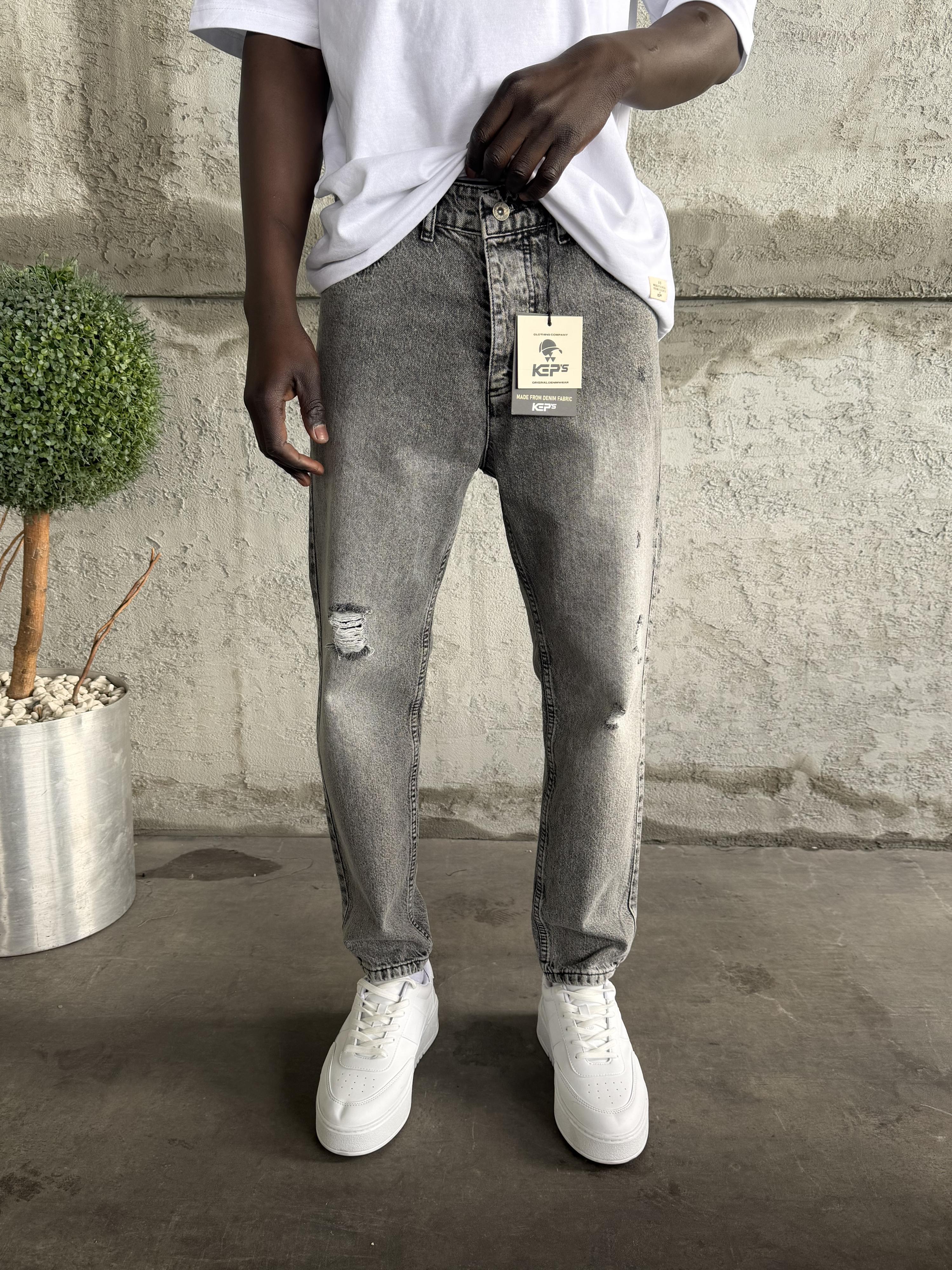 Füme Taşlamalı Yırtıklı Boyfriend Jean